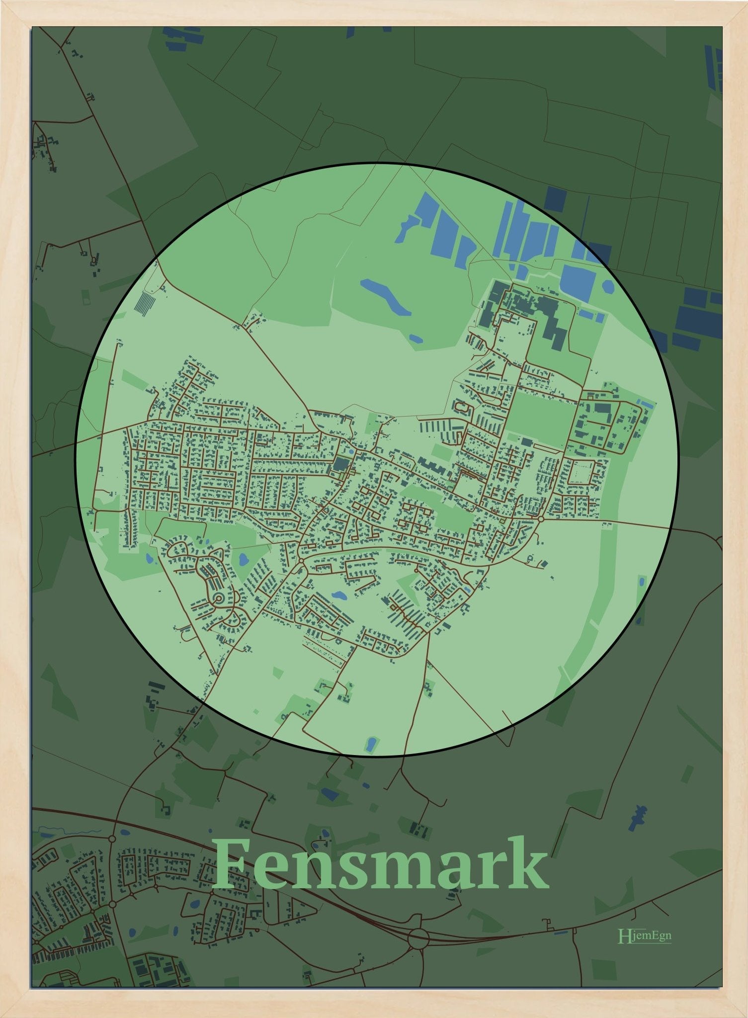 Fensmark plakat i farve pastel grøn og HjemEgn.dk design centrum. Design bykort for Fensmark