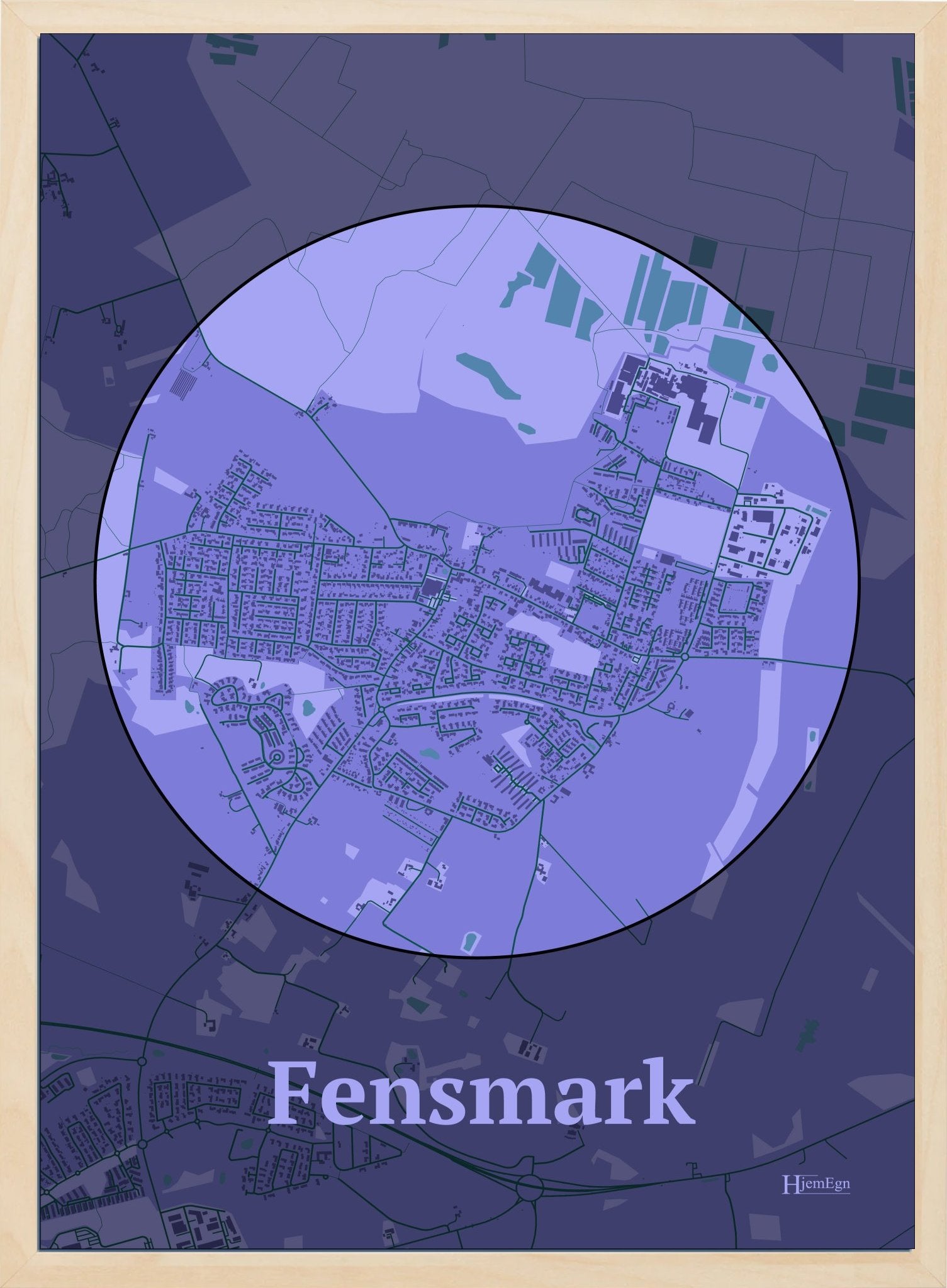 Fensmark plakat i farve pastel lilla og HjemEgn.dk design centrum. Design bykort for Fensmark