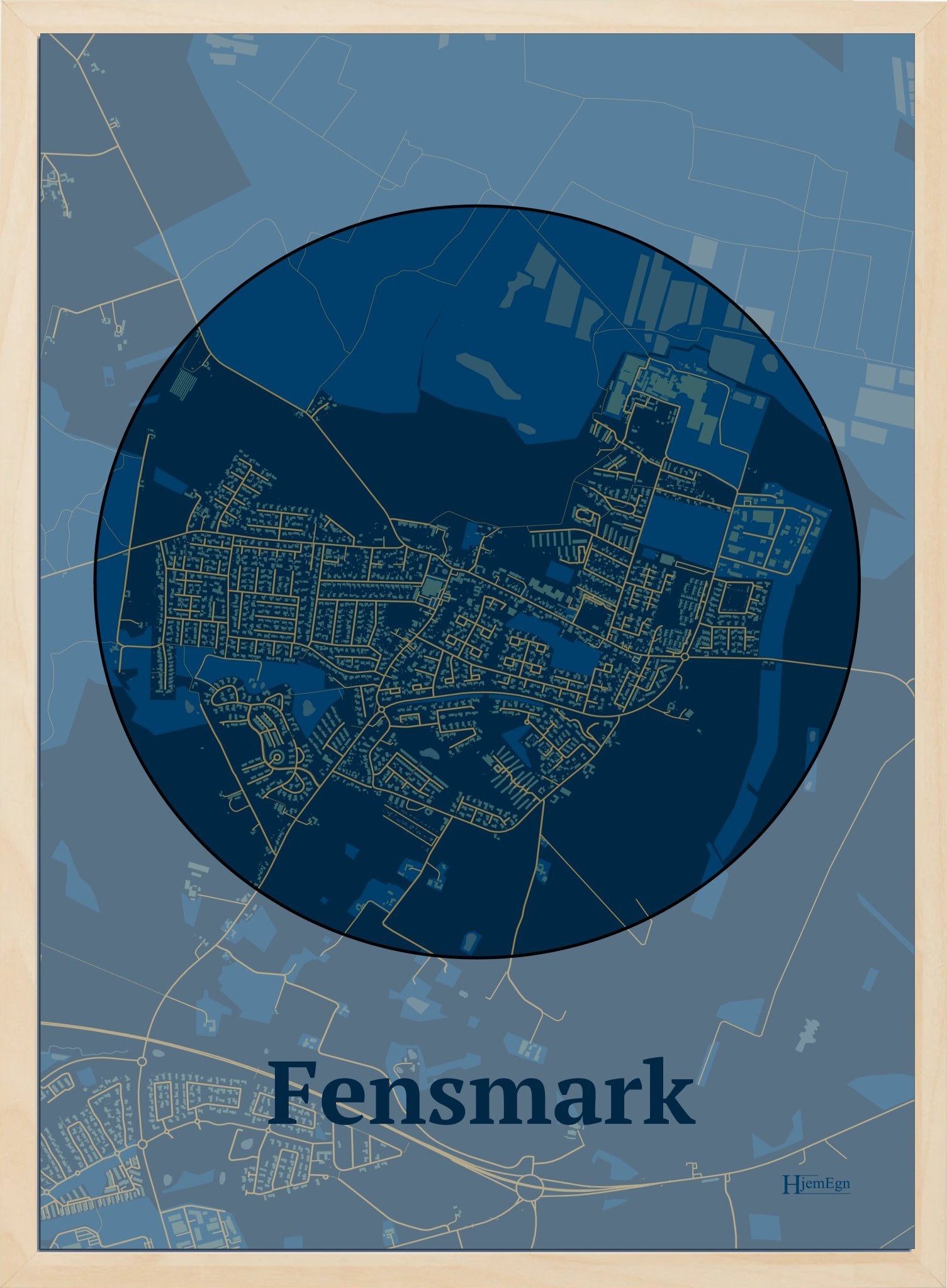Fensmark plakat i farve mørk blå og HjemEgn.dk design centrum. Design bykort for Fensmark