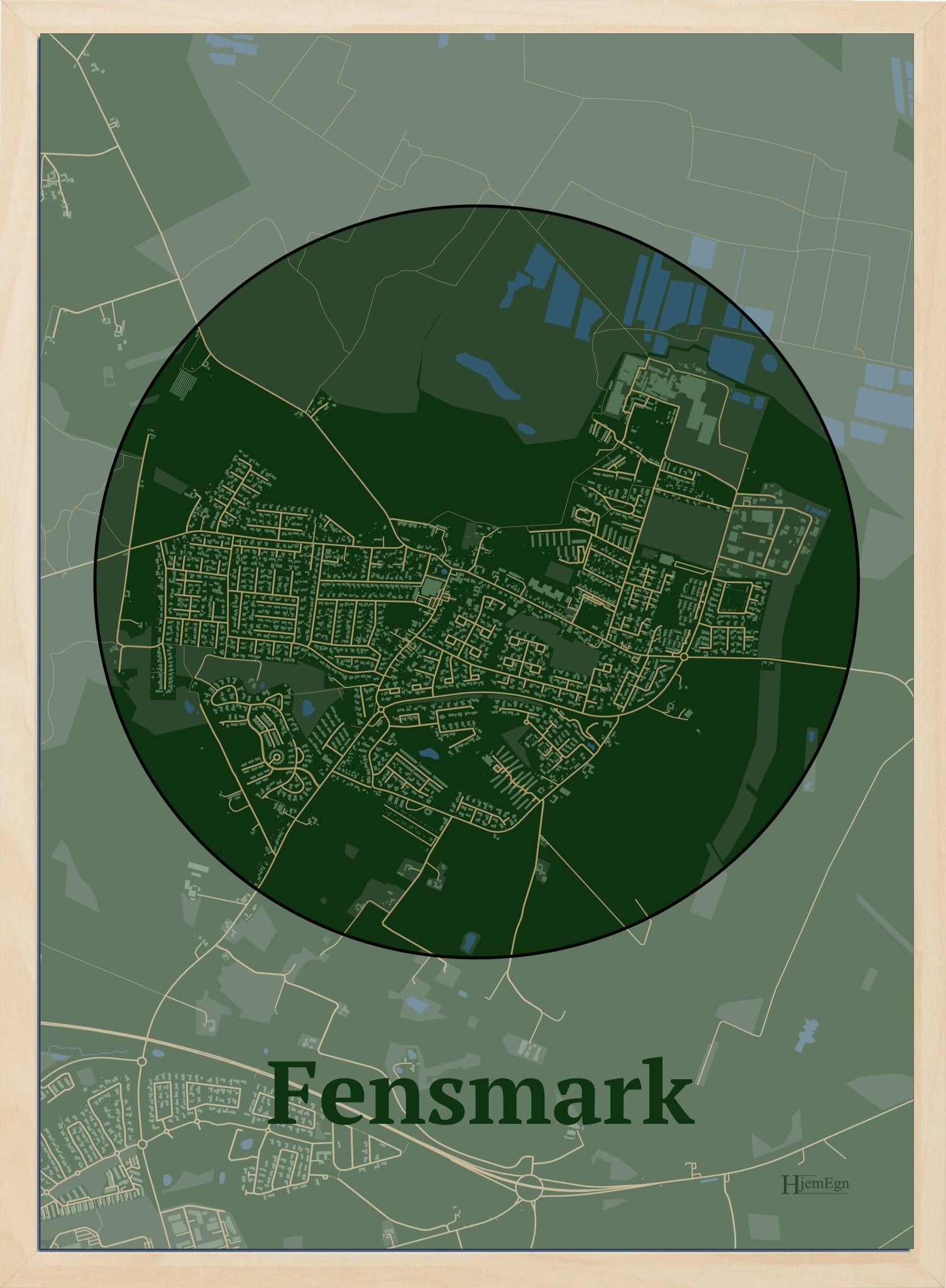 Fensmark plakat i farve mørk grøn og HjemEgn.dk design centrum. Design bykort for Fensmark