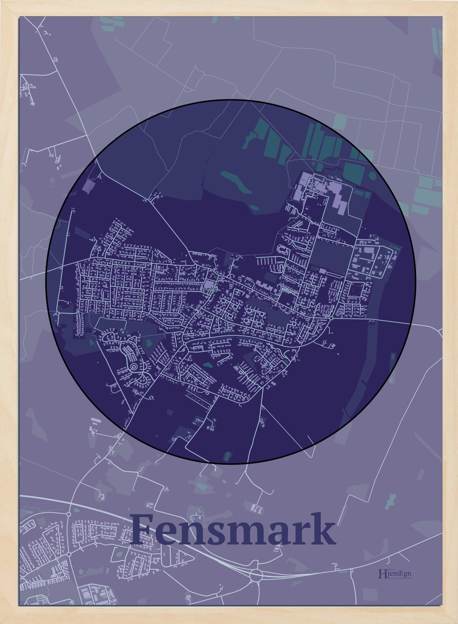 Fensmark plakat i farve mørk lilla og HjemEgn.dk design centrum. Design bykort for Fensmark