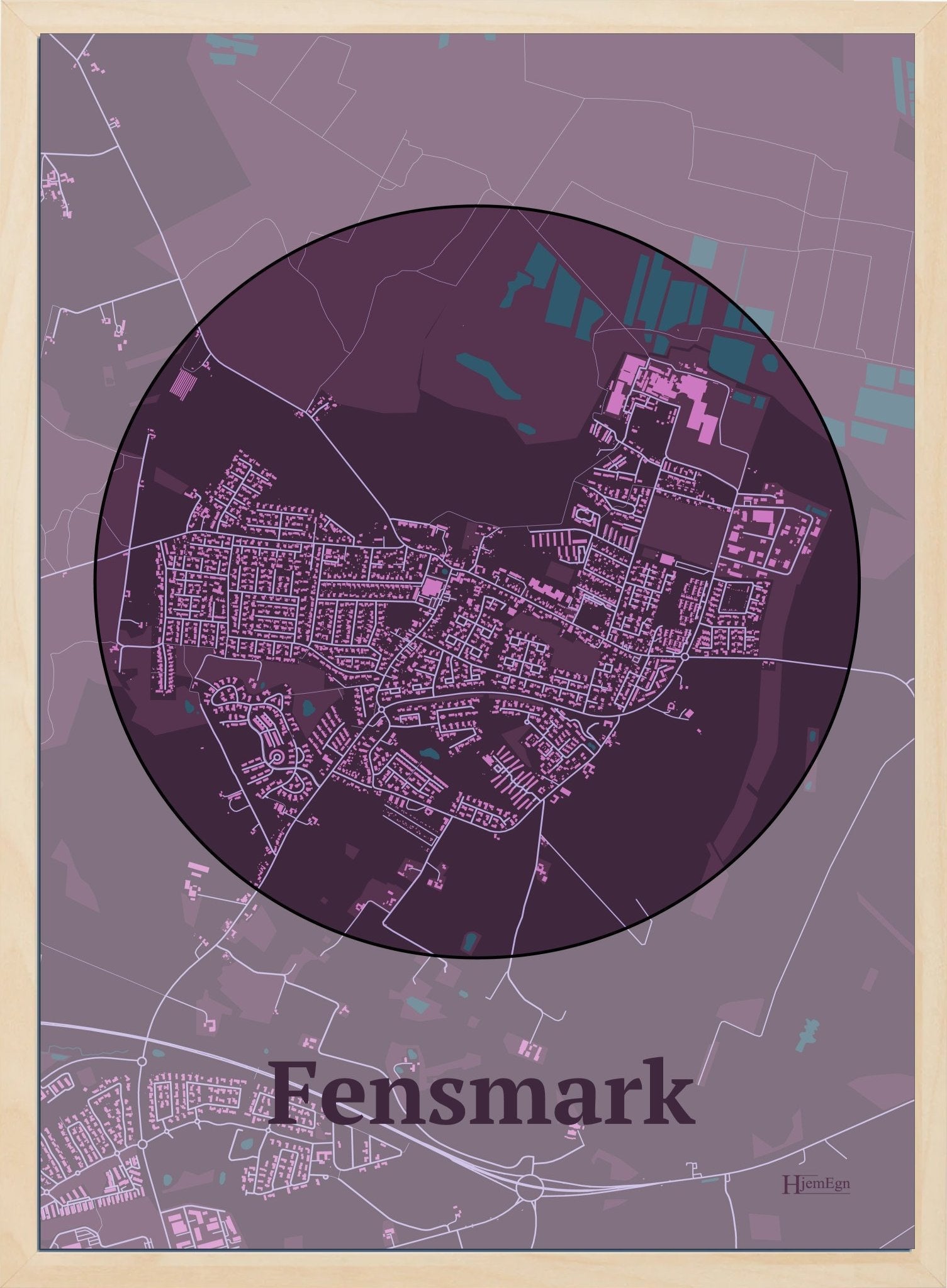 Fensmark plakat i farve mørk rød og HjemEgn.dk design centrum. Design bykort for Fensmark