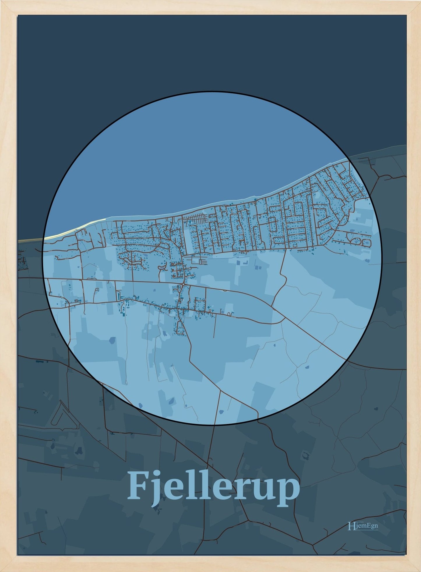 Fjellerup plakat i farve pastel blå og HjemEgn.dk design centrum. Design bykort for Fjellerup