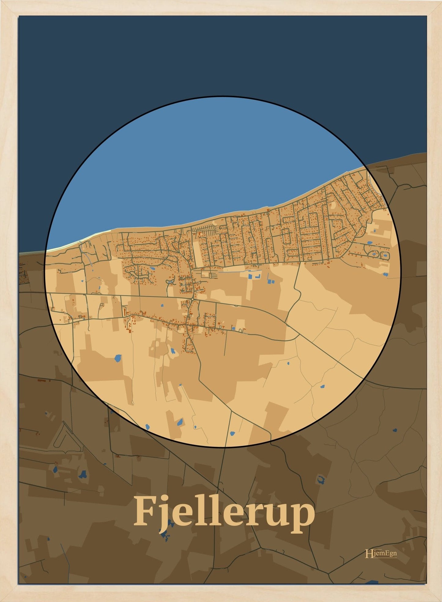 Fjellerup plakat i farve pastel brun og HjemEgn.dk design centrum. Design bykort for Fjellerup