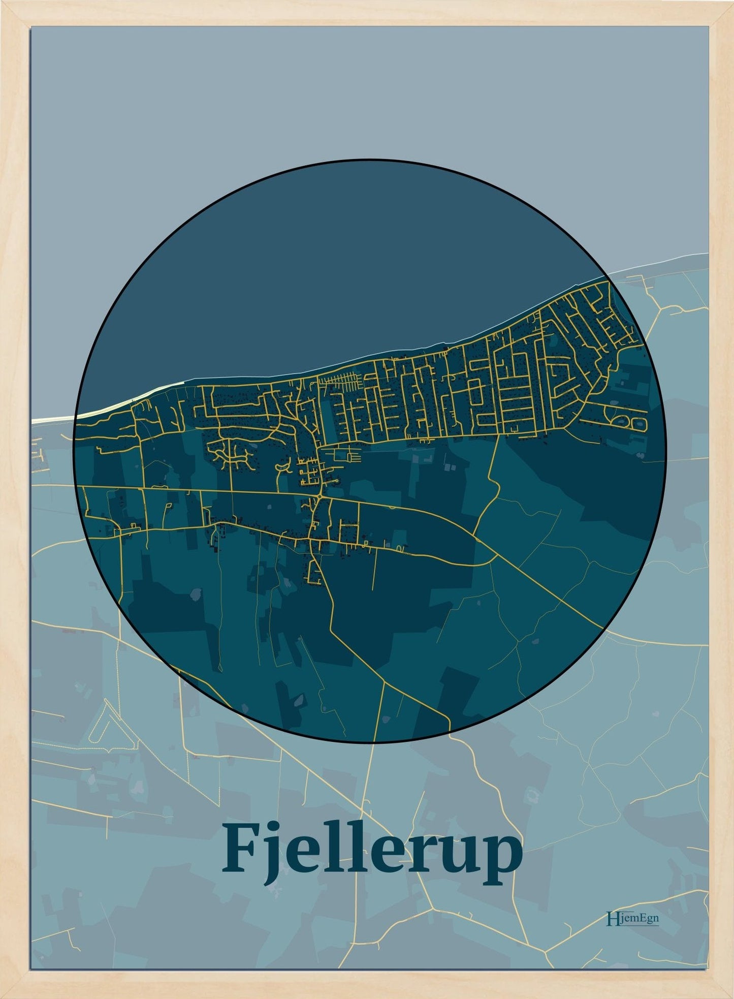 Fjellerup plakat i farve mørk blå og HjemEgn.dk design centrum. Design bykort for Fjellerup