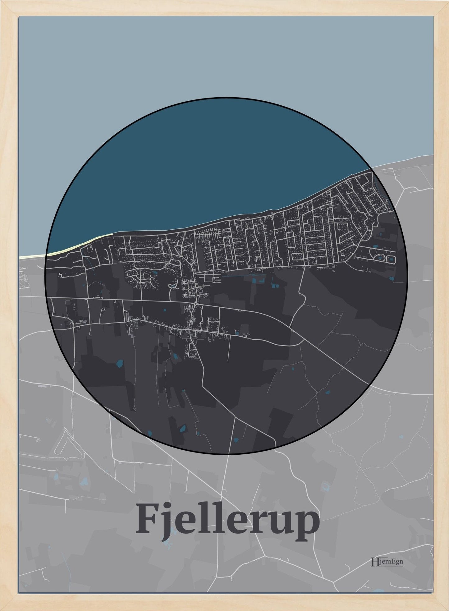 Fjellerup plakat i farve mørk brun og HjemEgn.dk design centrum. Design bykort for Fjellerup