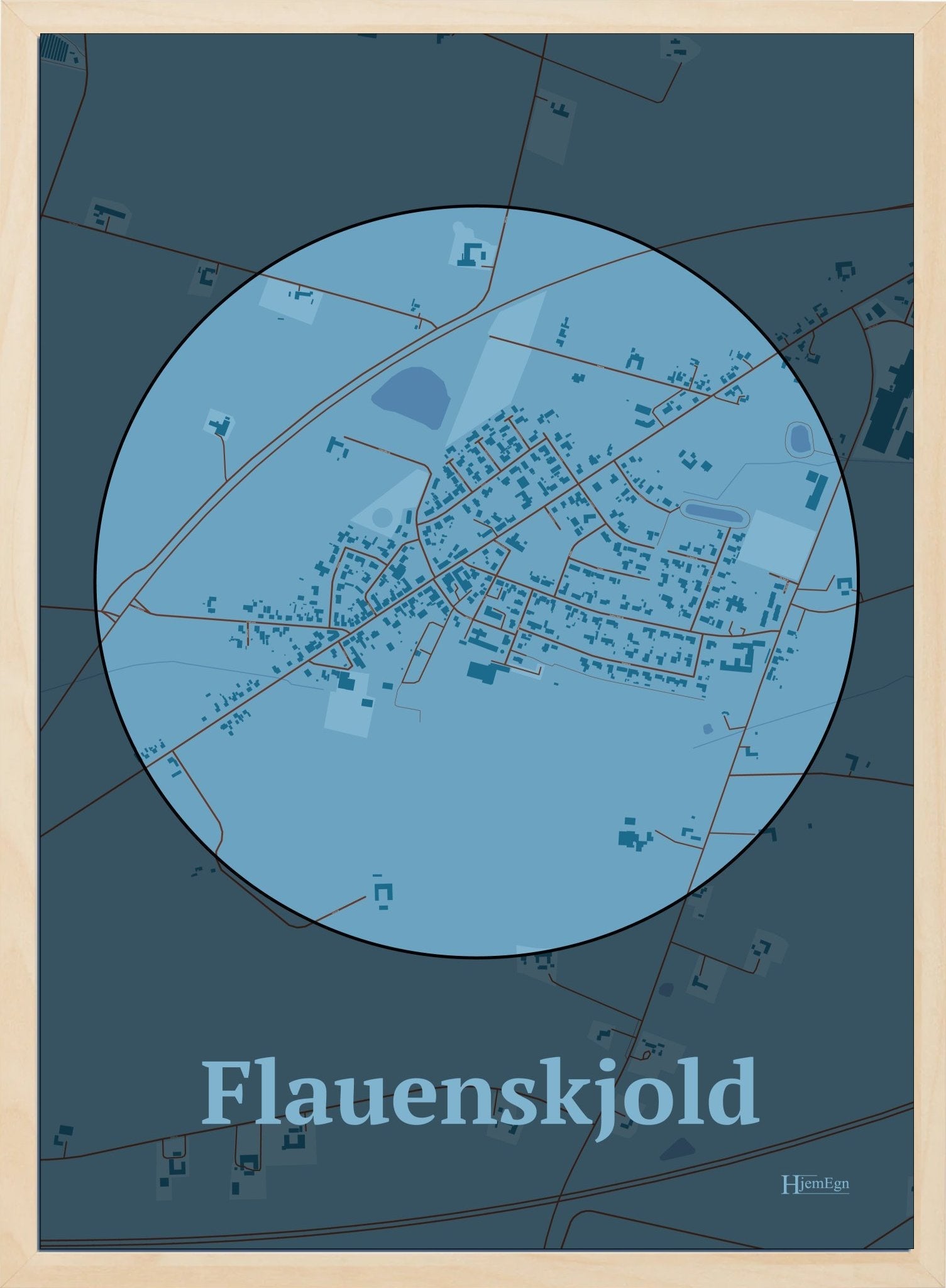 Flauenskjold plakat i farve pastel blå og HjemEgn.dk design centrum. Design bykort for Flauenskjold