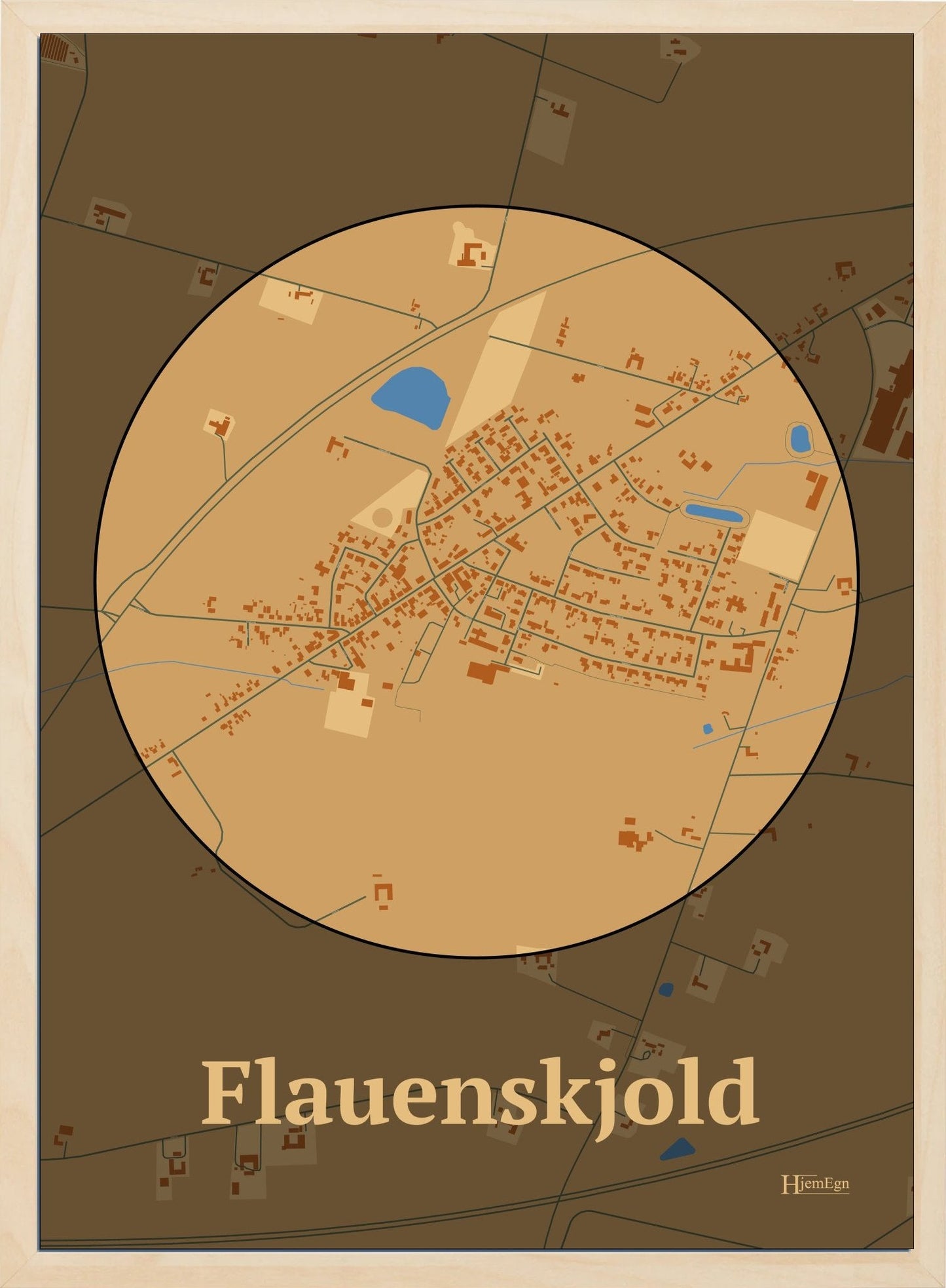 Flauenskjold plakat i farve pastel brun og HjemEgn.dk design centrum. Design bykort for Flauenskjold