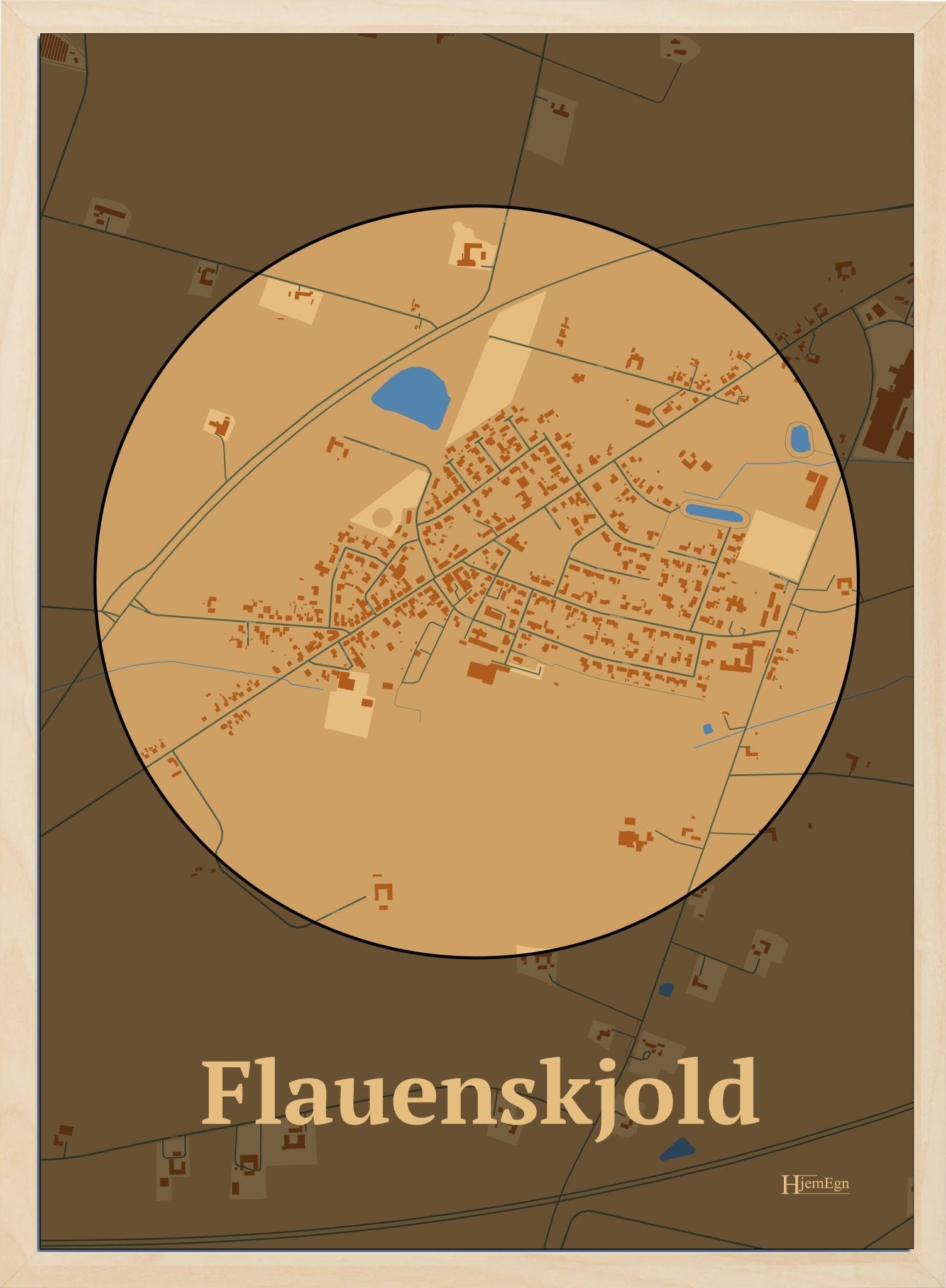Flauenskjold plakat i farve pastel brun og HjemEgn.dk design centrum. Design bykort for Flauenskjold