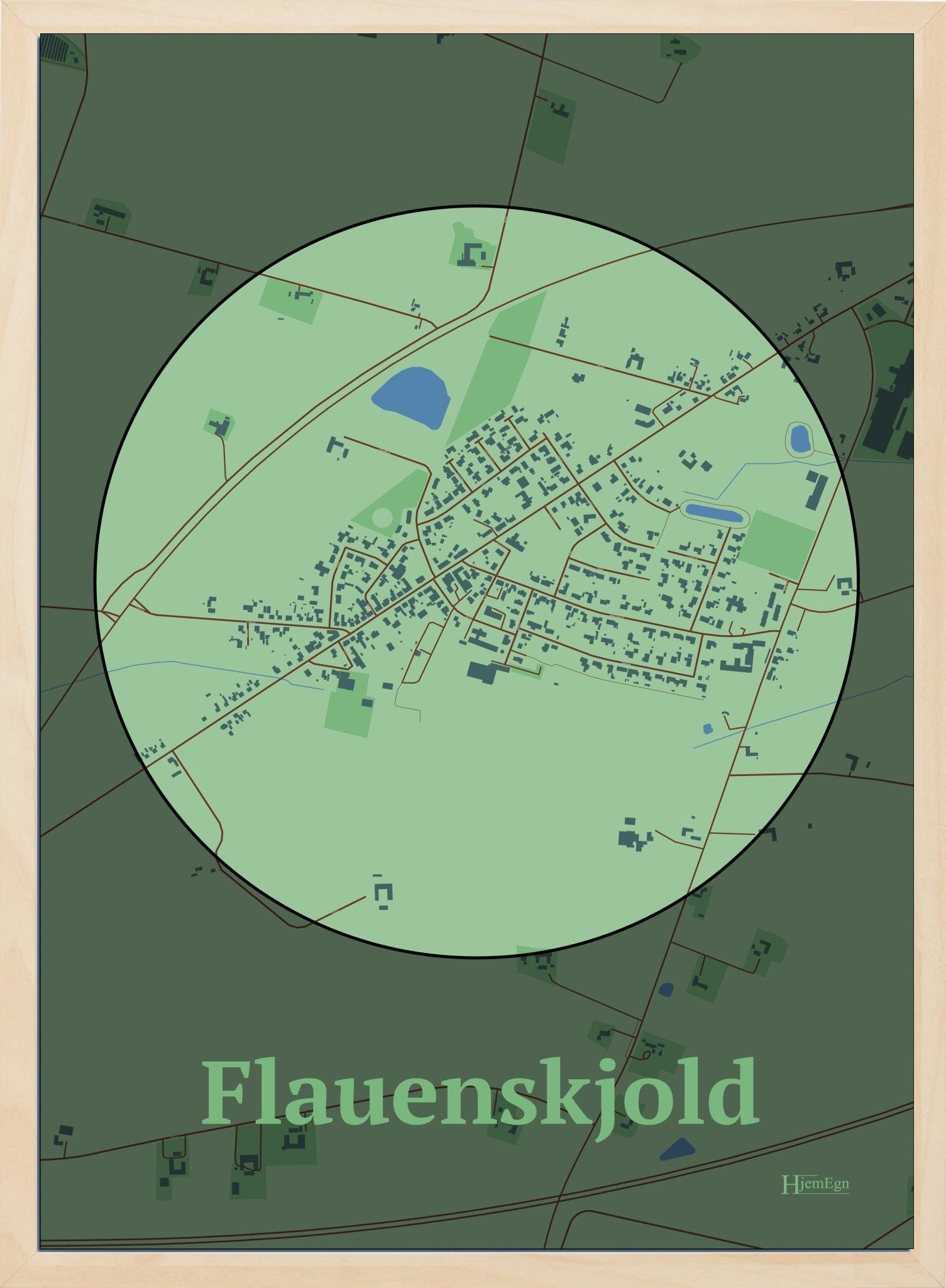 Flauenskjold plakat i farve pastel grøn og HjemEgn.dk design centrum. Design bykort for Flauenskjold