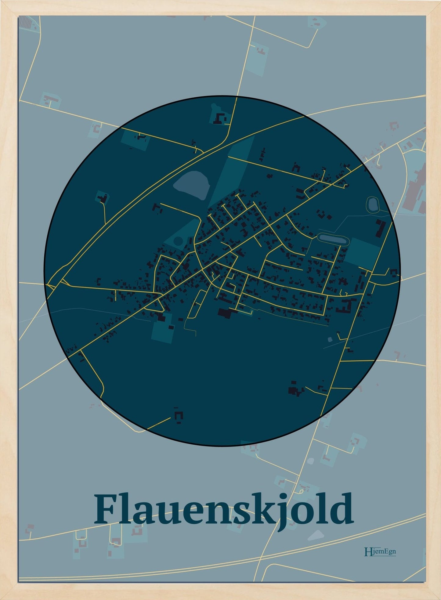 Flauenskjold plakat i farve mørk blå og HjemEgn.dk design centrum. Design bykort for Flauenskjold