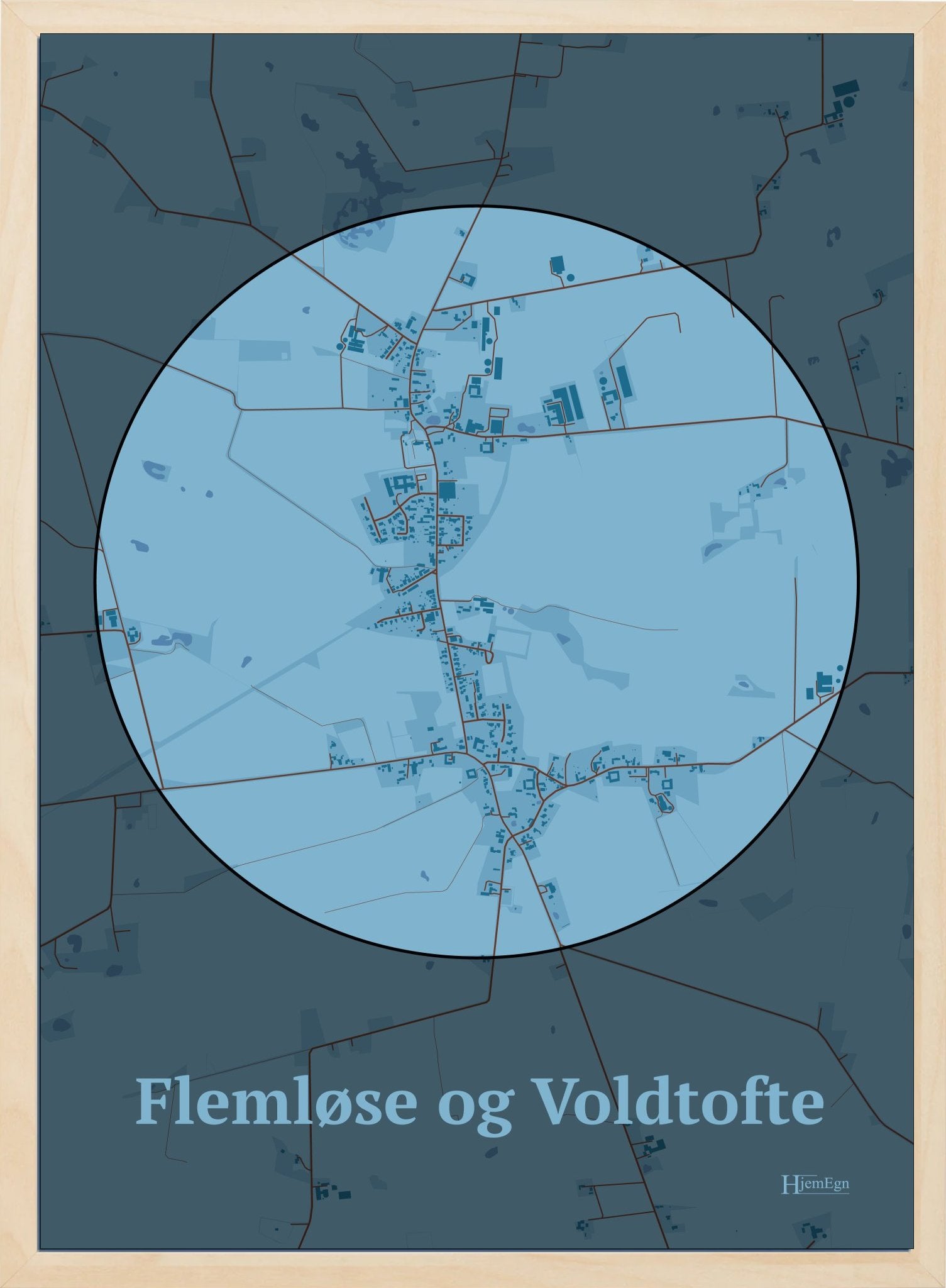 Flemløse & Voldtofte plakat i farve pastel blå og HjemEgn.dk design centrum. Design bykort for Flemløse & Voldtofte