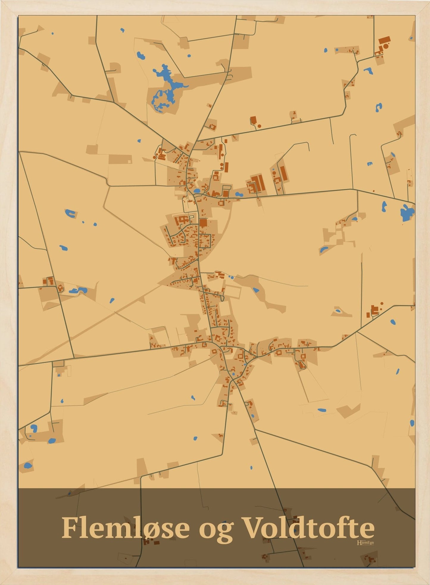 Flemløse & Voldtofte plakat i pastel brun og HjemEgn.dk design firkantet. Design bykort for Flemløse & Voldtofte
