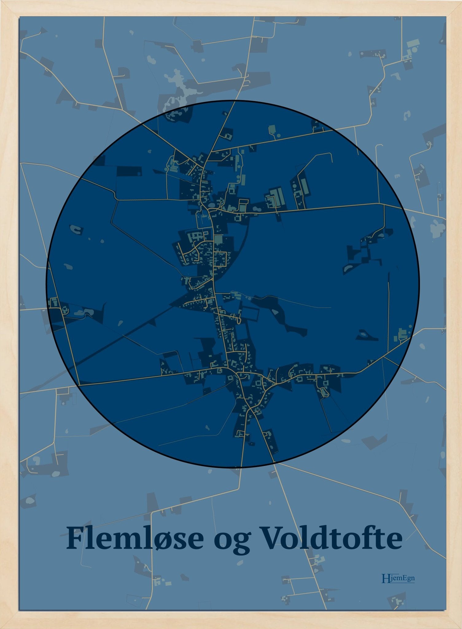 Flemløse & Voldtofte plakat i farve mørk blå og HjemEgn.dk design centrum. Design bykort for Flemløse & Voldtofte