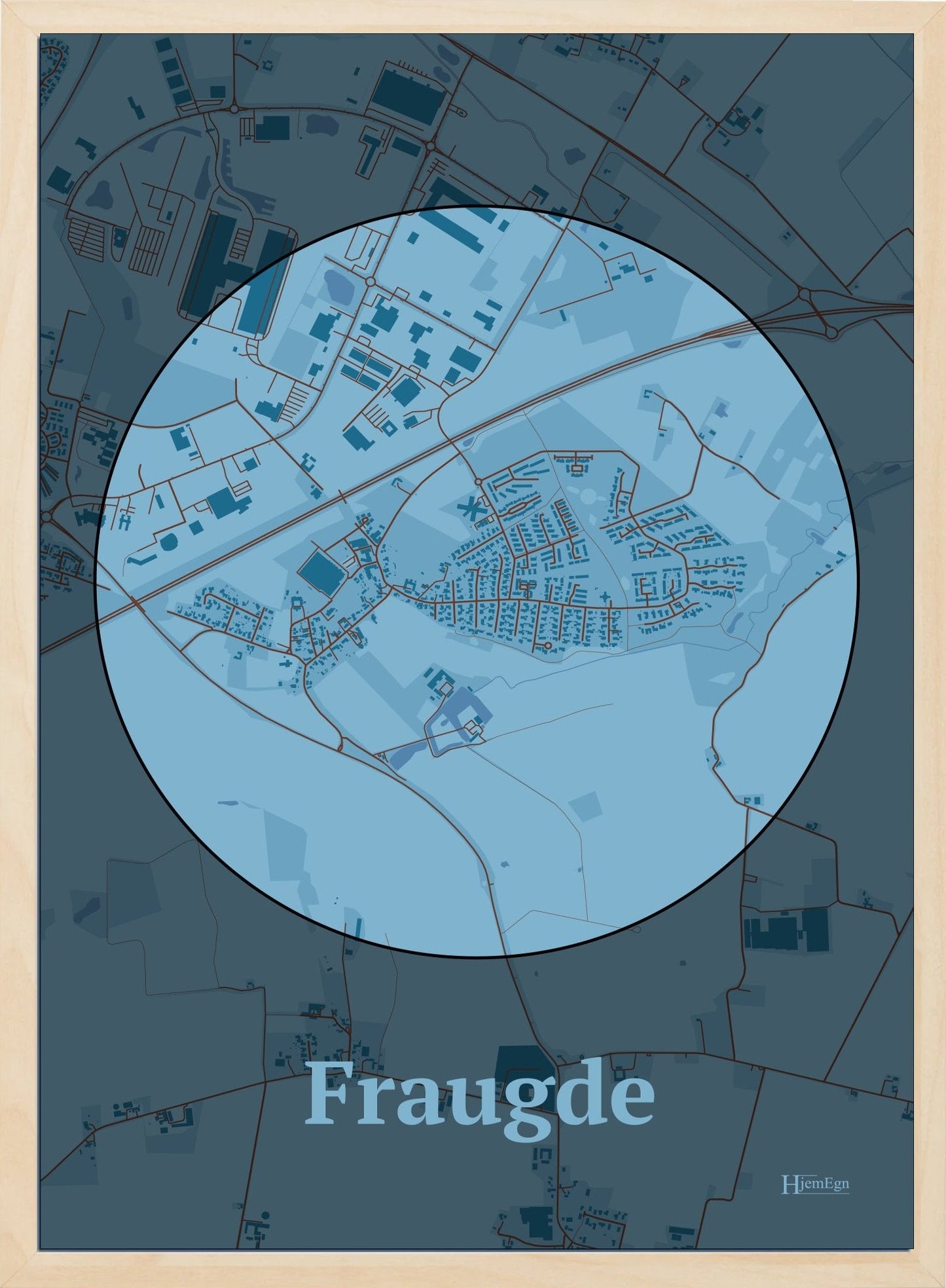 Fraugde plakat i farve pastel blå og HjemEgn.dk design centrum. Design bykort for Fraugde
