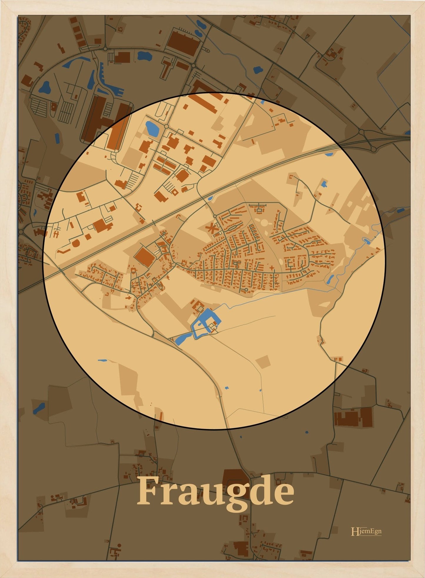 Fraugde plakat i farve pastel brun og HjemEgn.dk design centrum. Design bykort for Fraugde