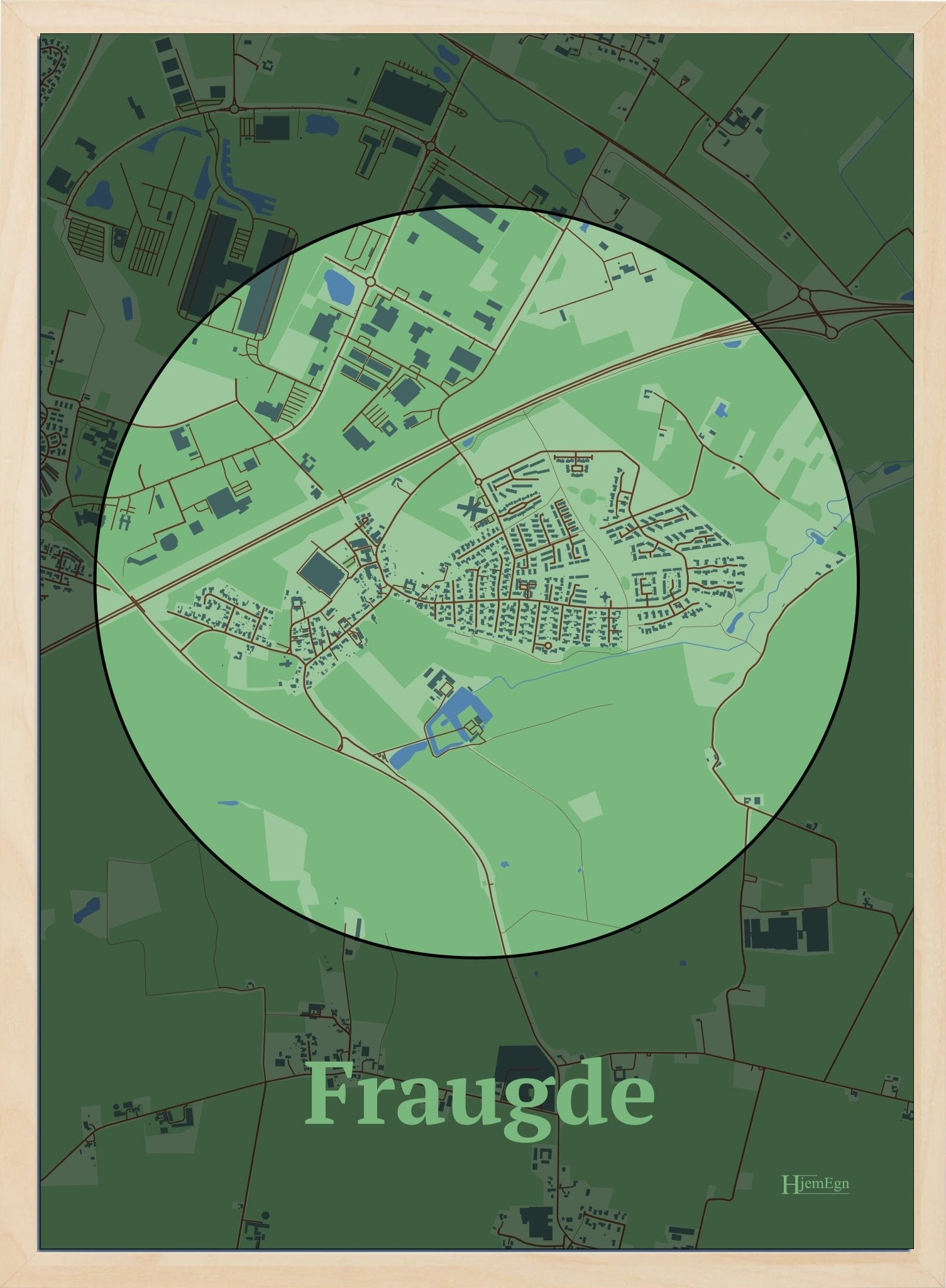 Fraugde plakat i farve pastel grøn og HjemEgn.dk design centrum. Design bykort for Fraugde