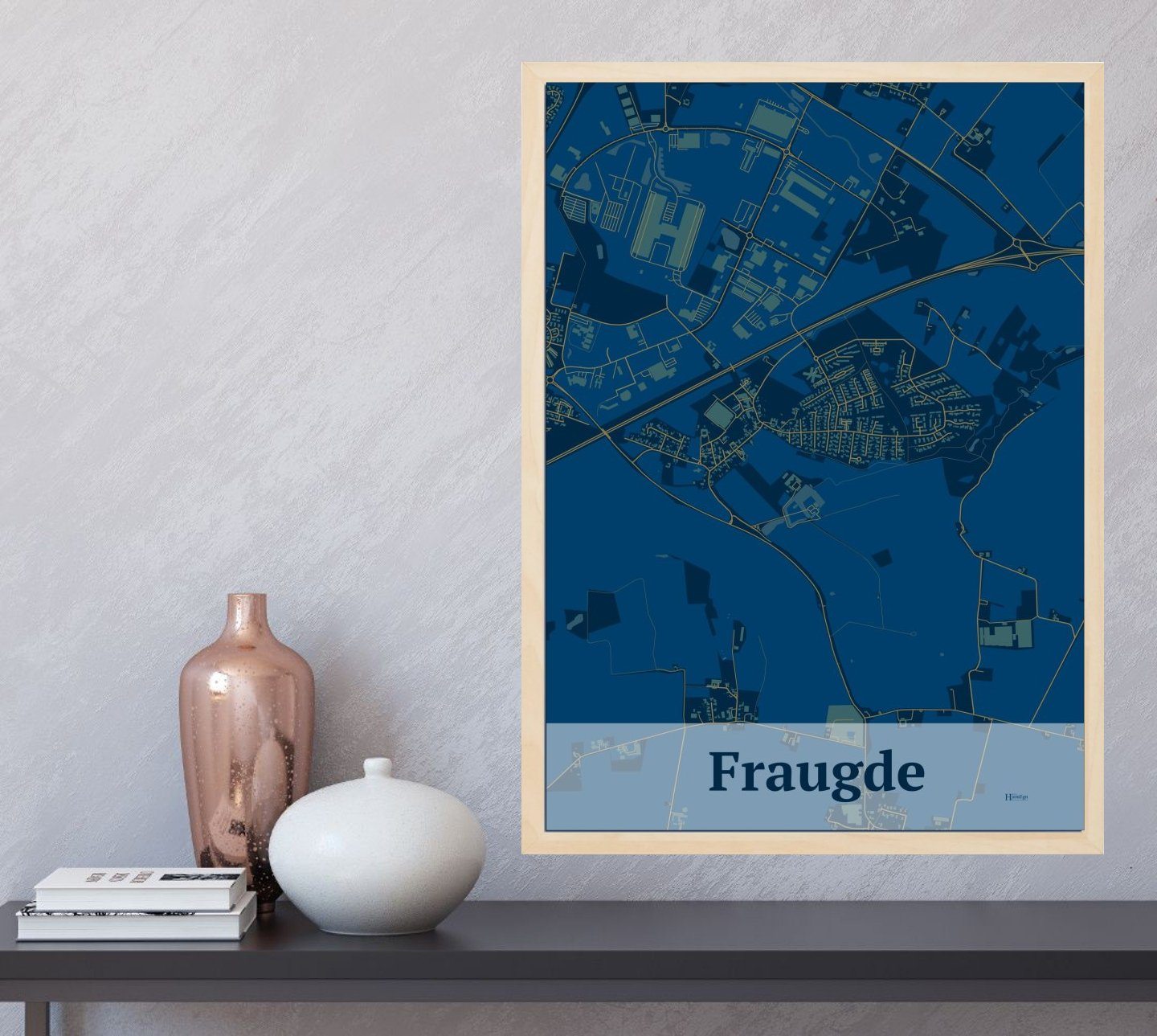 Fraugde plakat i farve  og HjemEgn.dk design firkantet. Design bykort for Fraugde