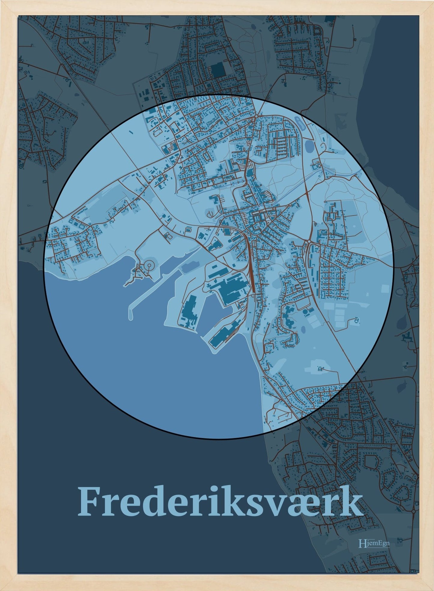 Frederiksværk plakat i farve pastel blå og HjemEgn.dk design centrum. Design bykort for Frederiksværk