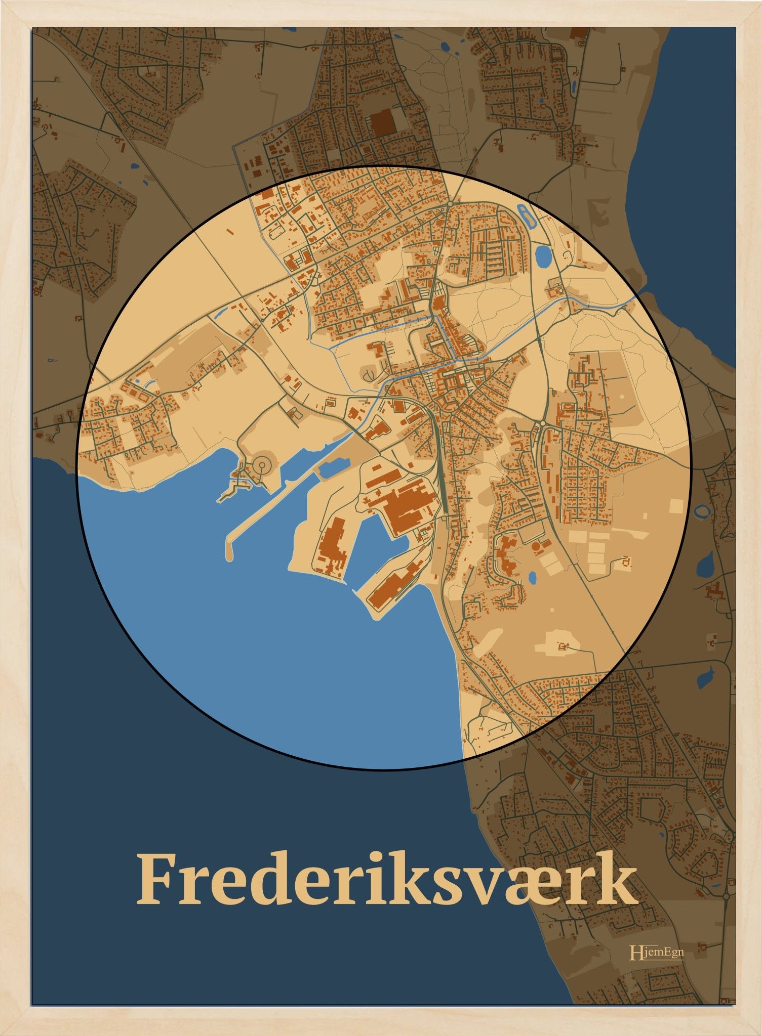 Frederiksværk plakat i farve pastel brun og HjemEgn.dk design centrum. Design bykort for Frederiksværk