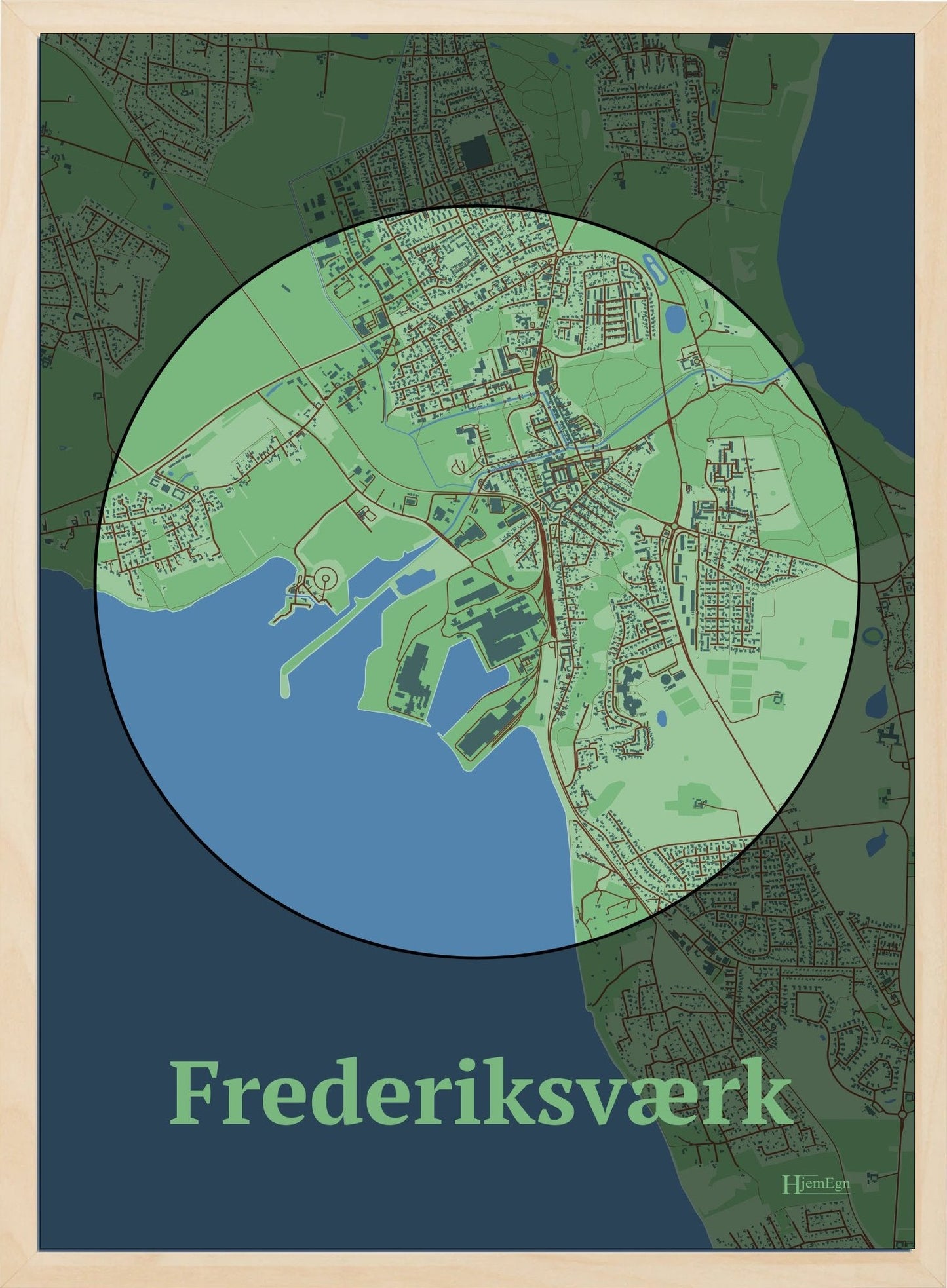 Frederiksværk plakat i farve pastel grøn og HjemEgn.dk design centrum. Design bykort for Frederiksværk