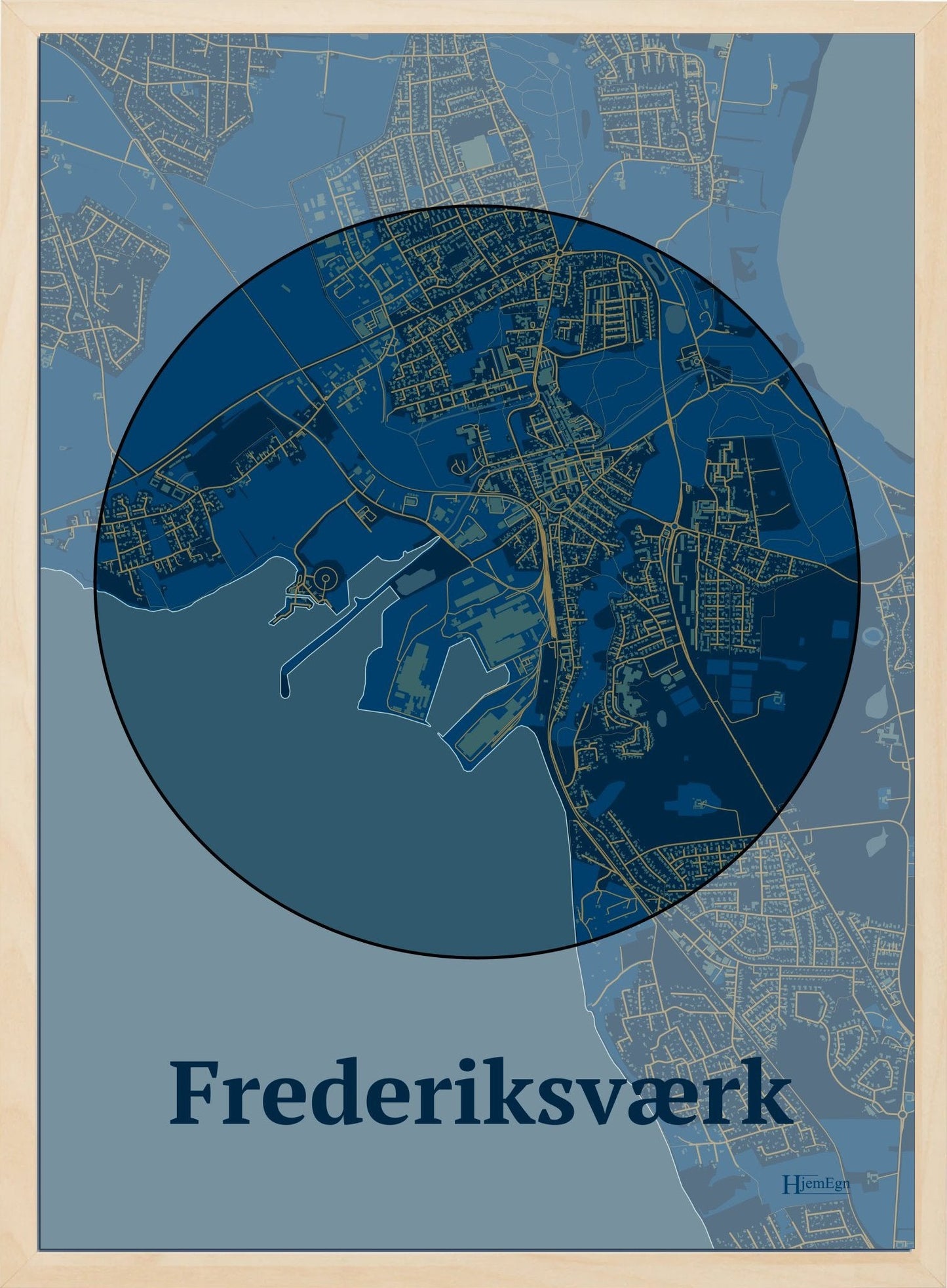 Frederiksværk plakat i farve mørk blå og HjemEgn.dk design centrum. Design bykort for Frederiksværk