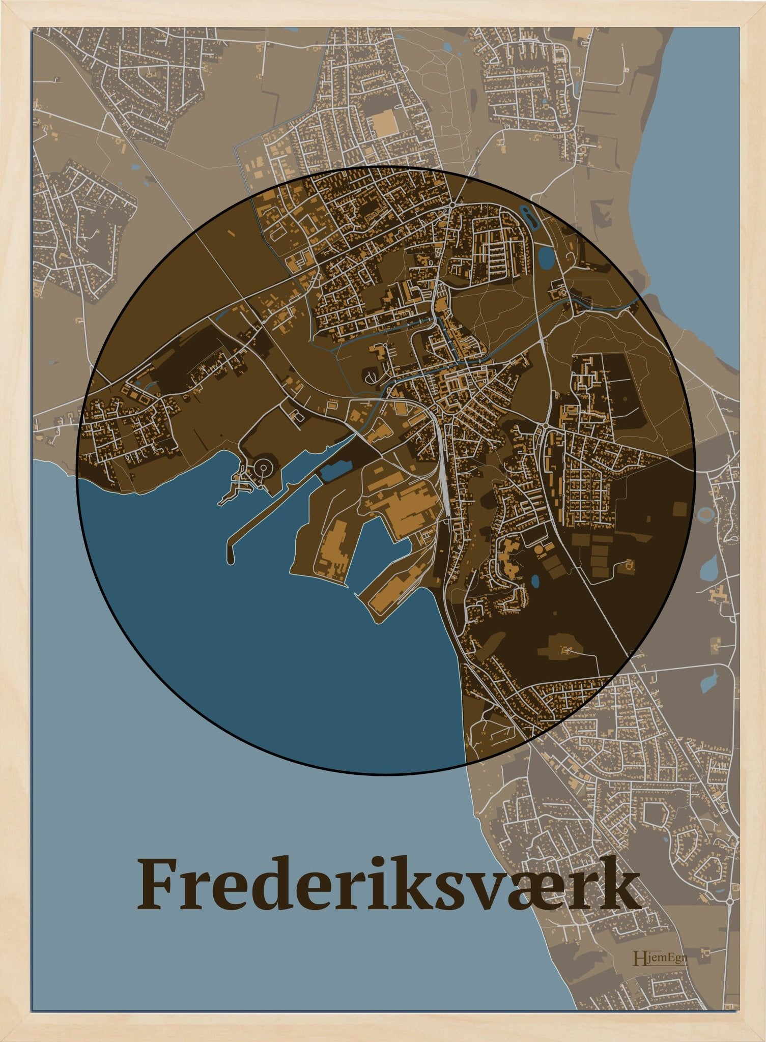Frederiksværk plakat i farve mørk brun og HjemEgn.dk design centrum. Design bykort for Frederiksværk