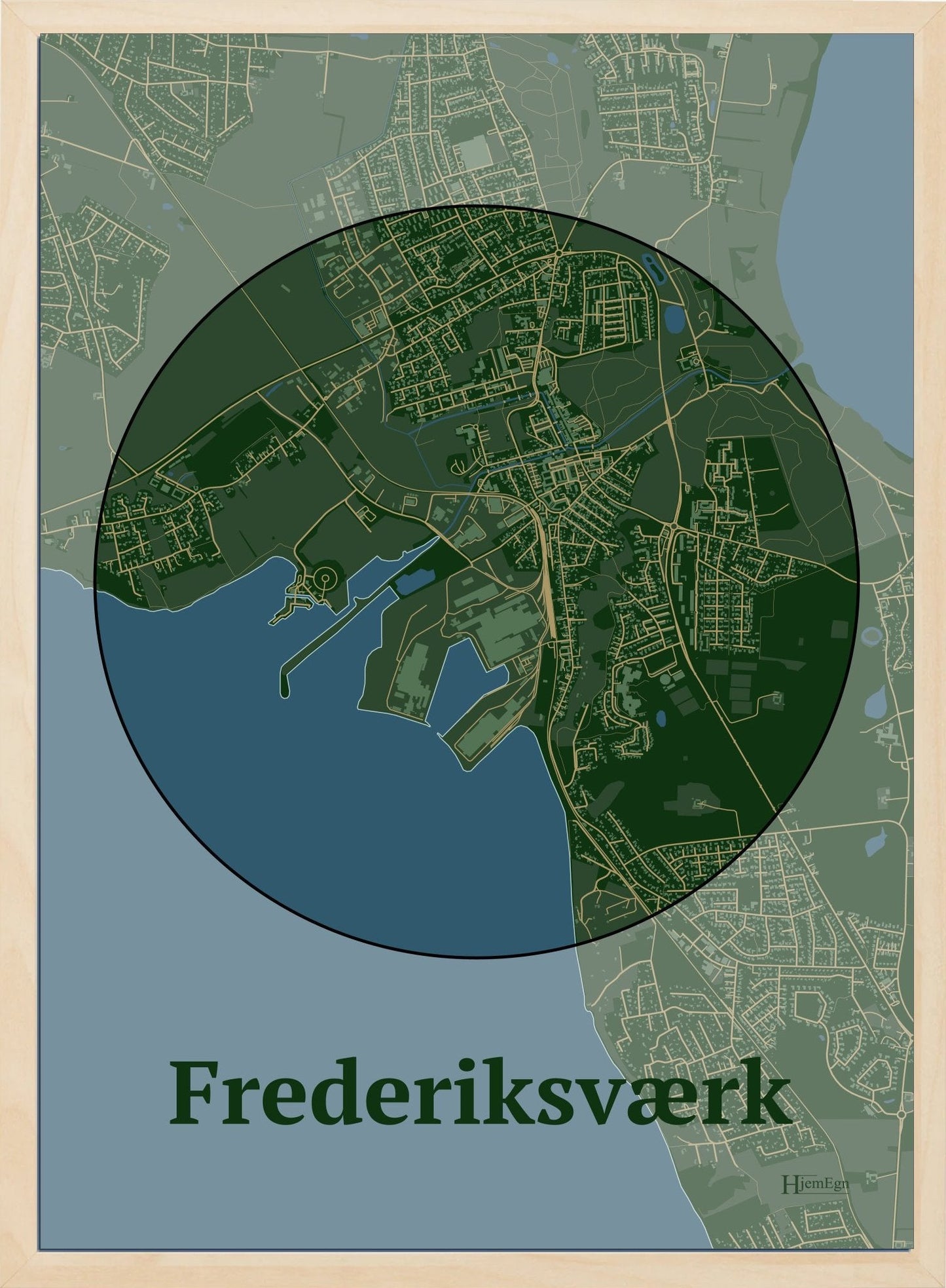 Frederiksværk plakat i farve mørk grøn og HjemEgn.dk design centrum. Design bykort for Frederiksværk