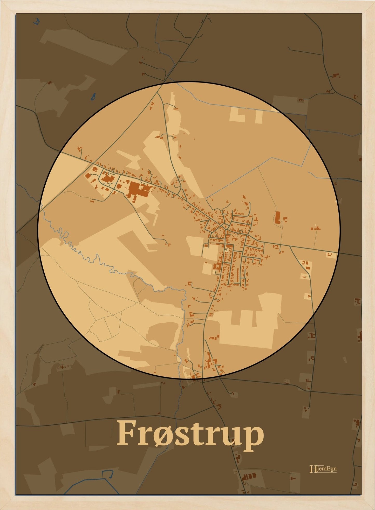 Frøstrup plakat i farve pastel brun og HjemEgn.dk design centrum. Design bykort for Frøstrup