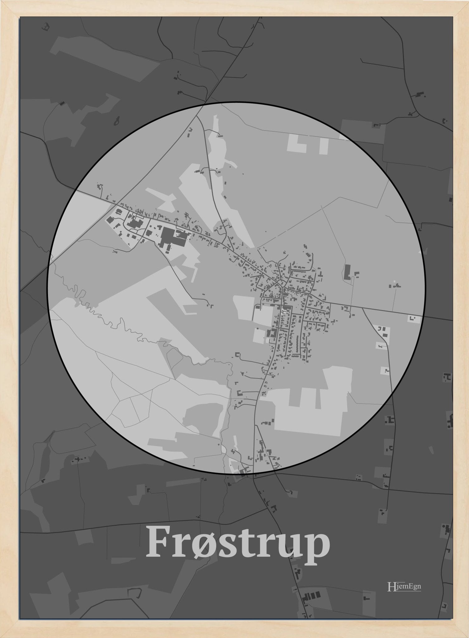 Frøstrup plakat i farve pastel grå og HjemEgn.dk design centrum. Design bykort for Frøstrup