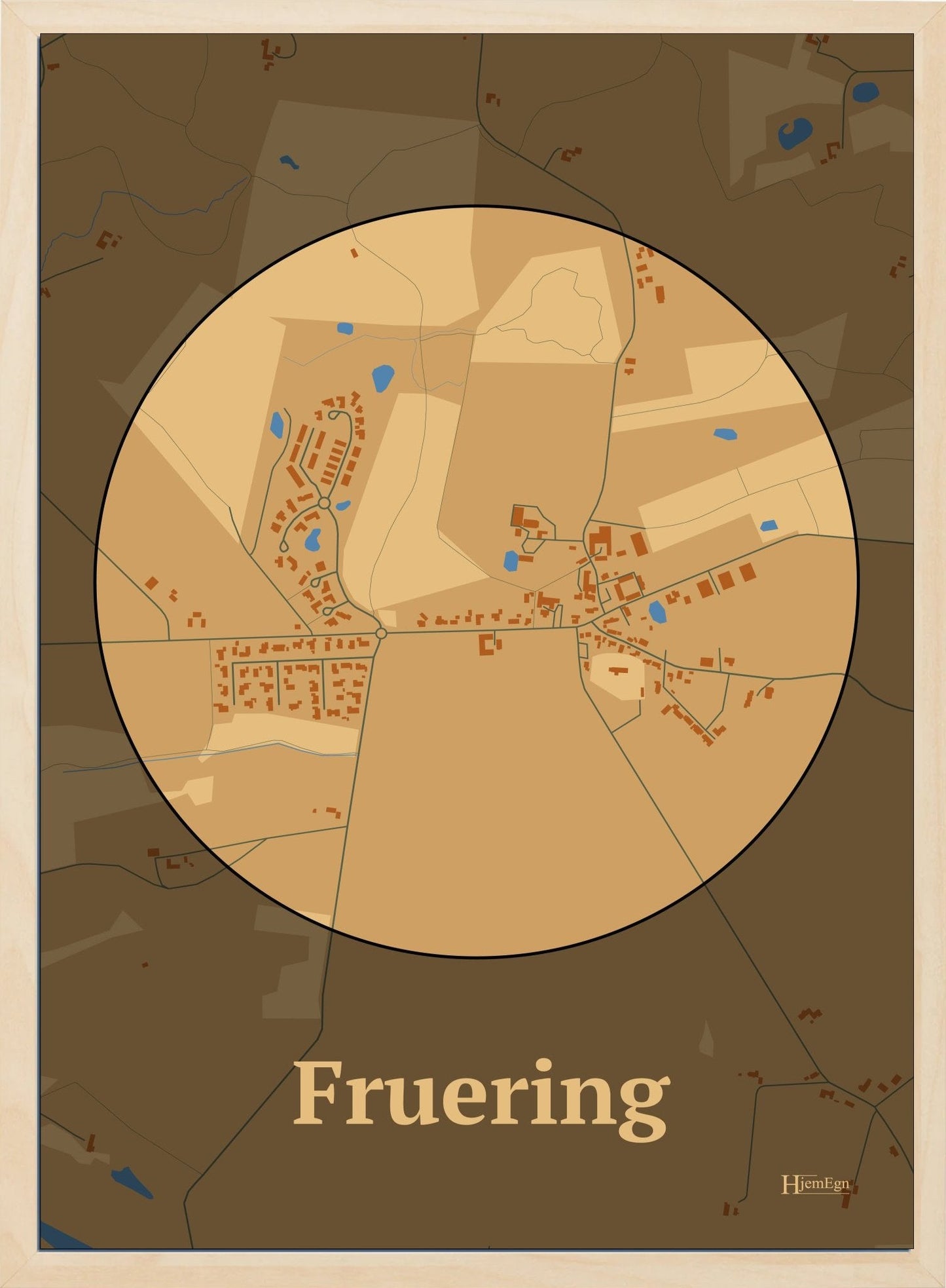 Fruering plakat i farve pastel brun og HjemEgn.dk design centrum. Design bykort for Fruering