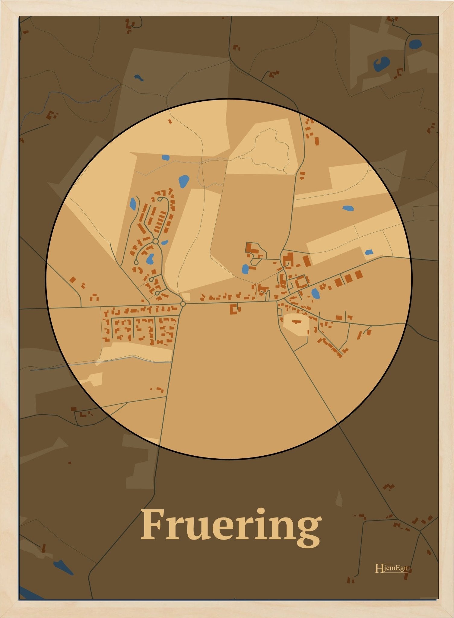 Fruering plakat i farve pastel brun og HjemEgn.dk design centrum. Design bykort for Fruering