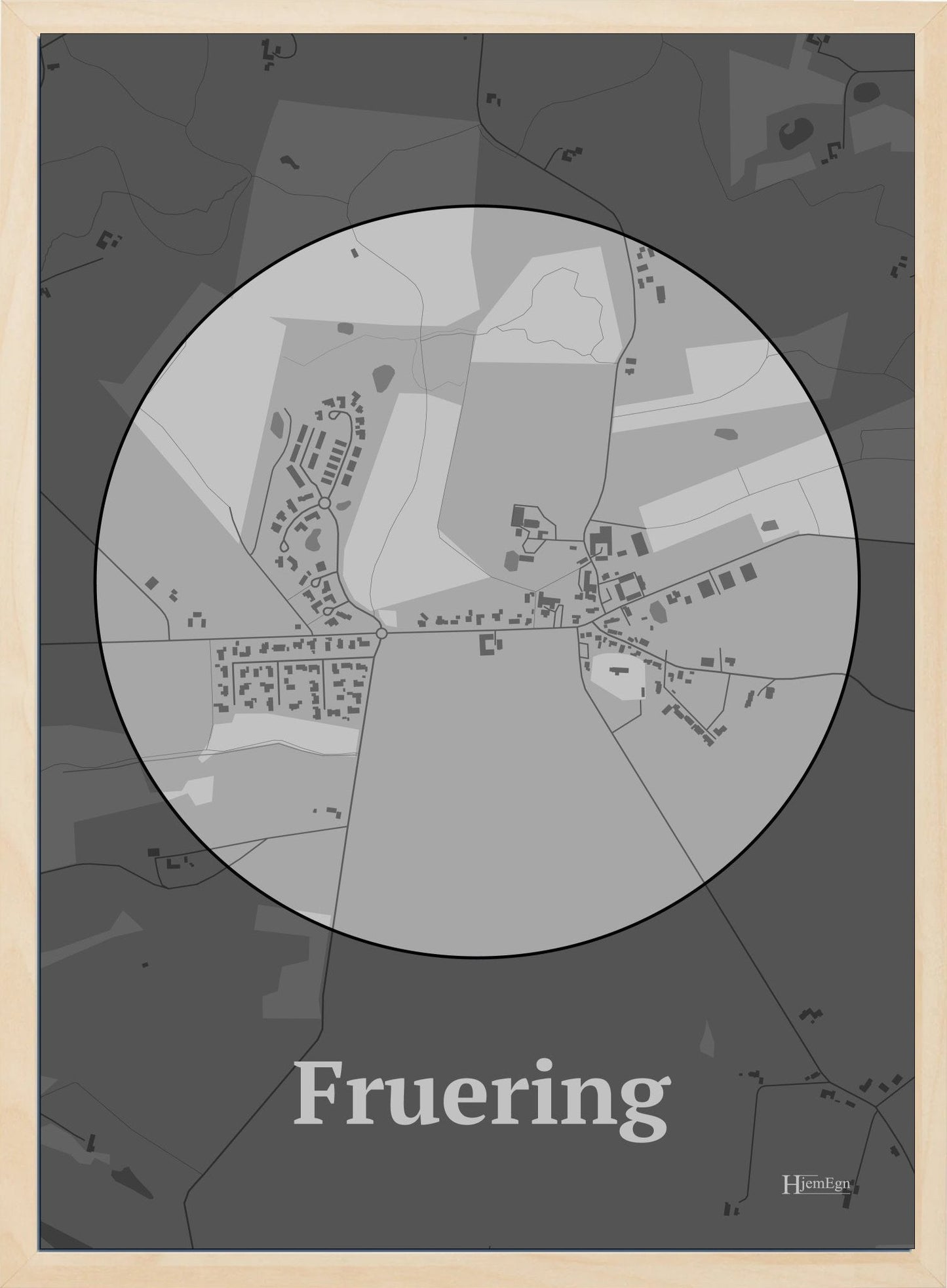 Fruering plakat i farve pastel grå og HjemEgn.dk design centrum. Design bykort for Fruering