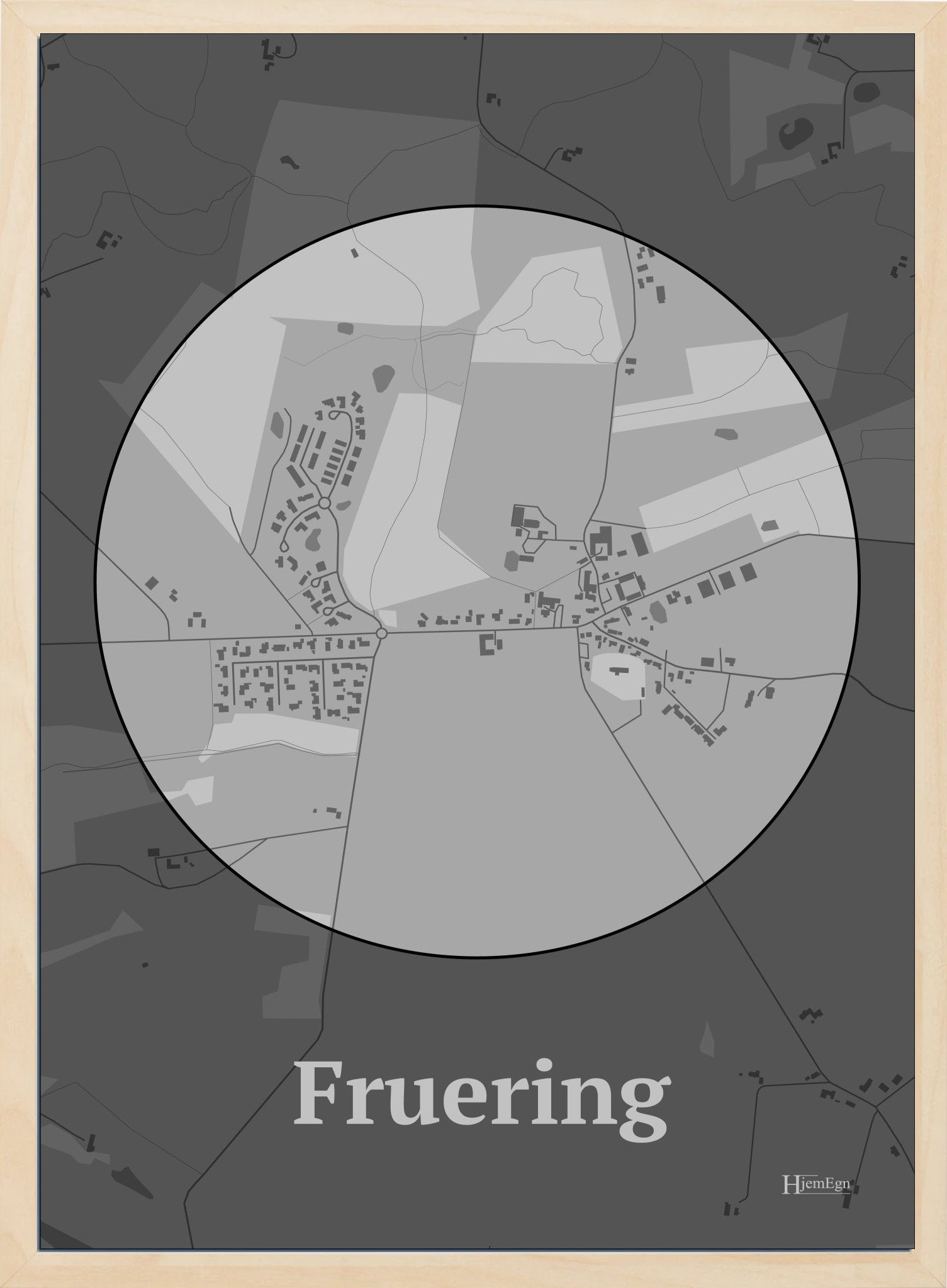 Fruering plakat i farve pastel grå og HjemEgn.dk design centrum. Design bykort for Fruering