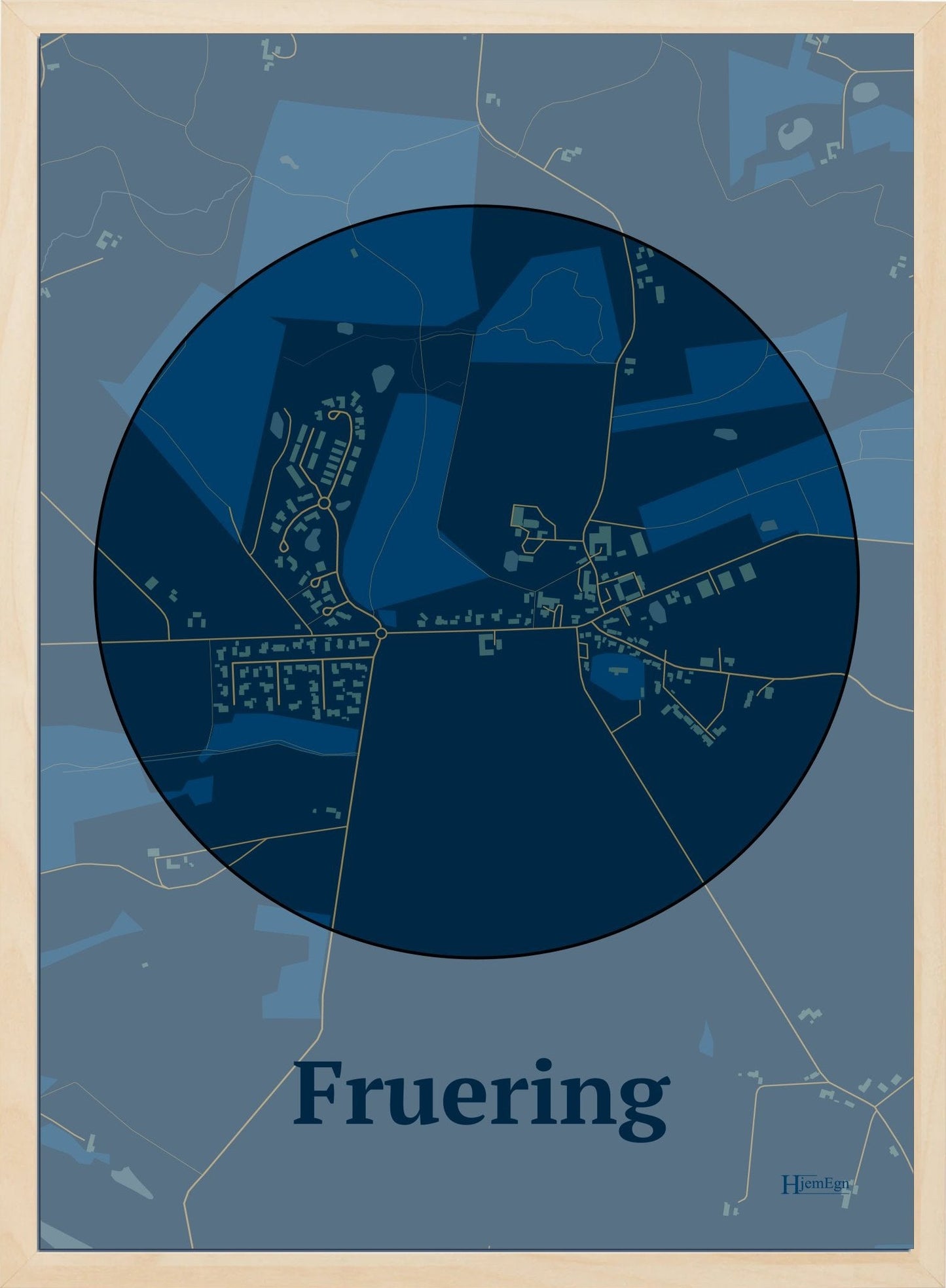 Fruering plakat i farve mørk blå og HjemEgn.dk design centrum. Design bykort for Fruering