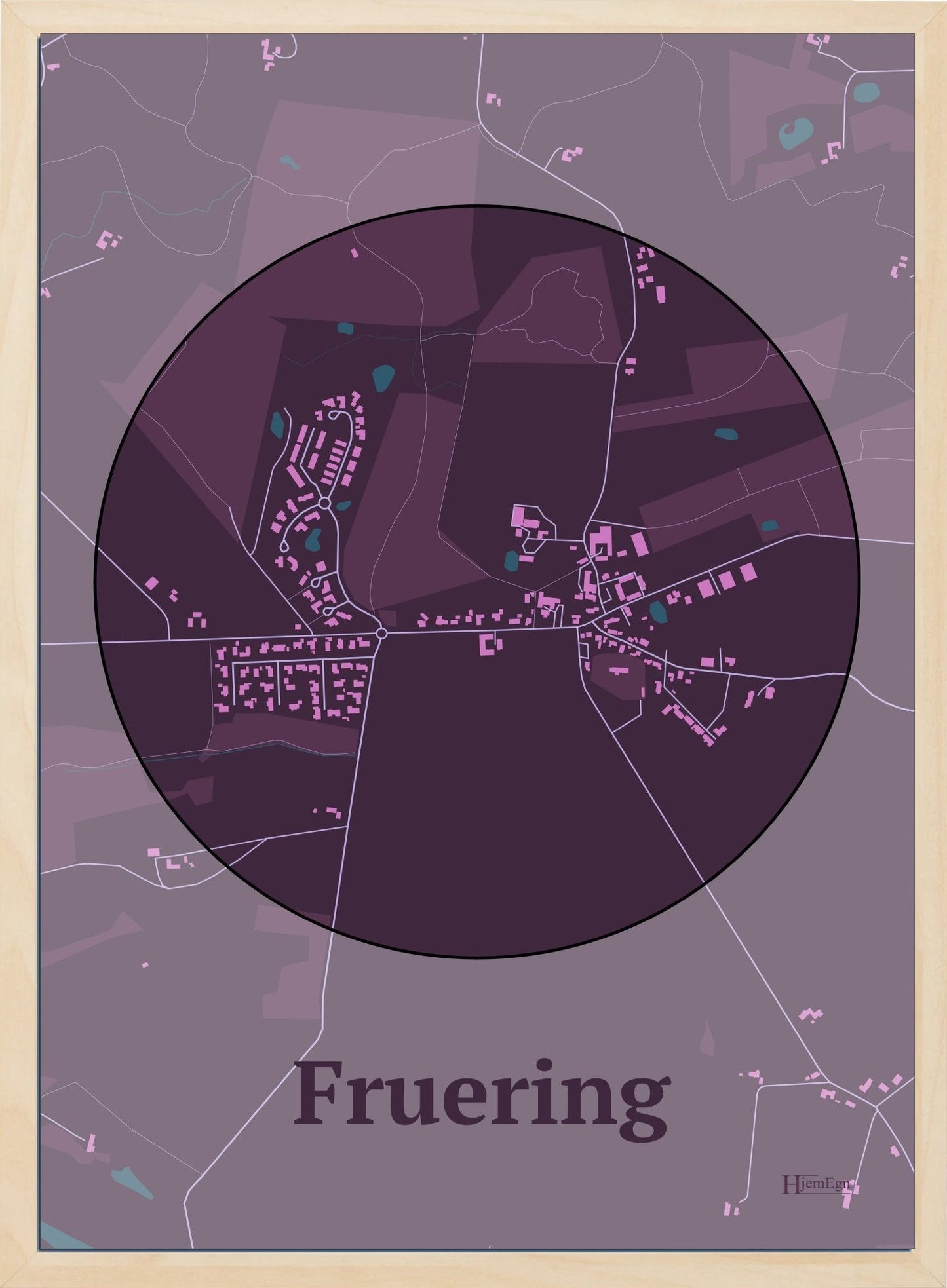 Fruering plakat i farve mørk rød og HjemEgn.dk design centrum. Design bykort for Fruering