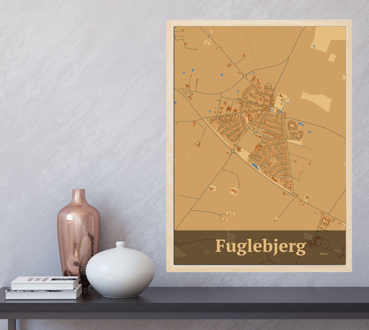 Fuglebjerg plakat i farve  og HjemEgn.dk design firkantet. Design bykort for Fuglebjerg