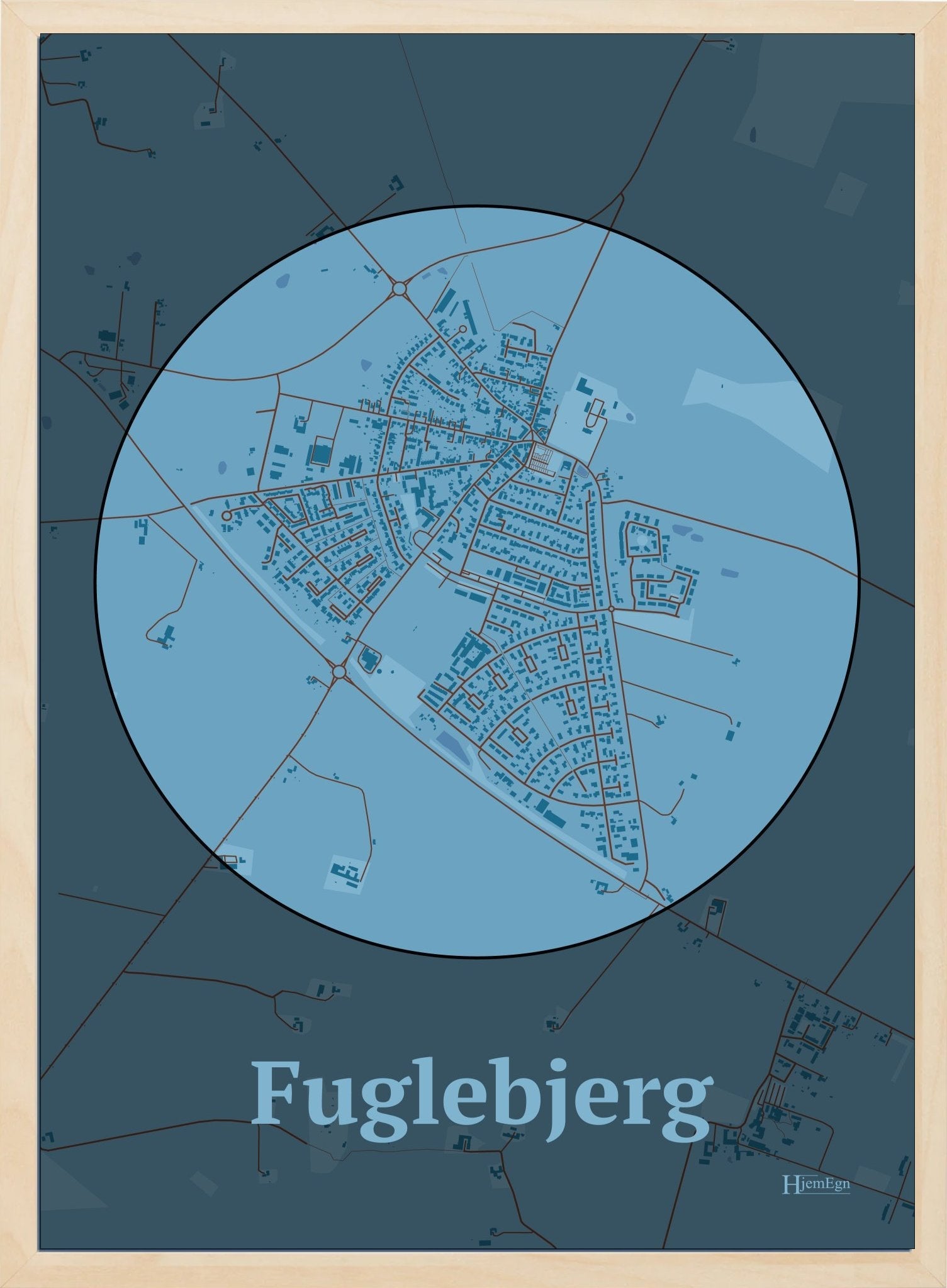 Fuglebjerg plakat i farve pastel blå og HjemEgn.dk design centrum. Design bykort for Fuglebjerg