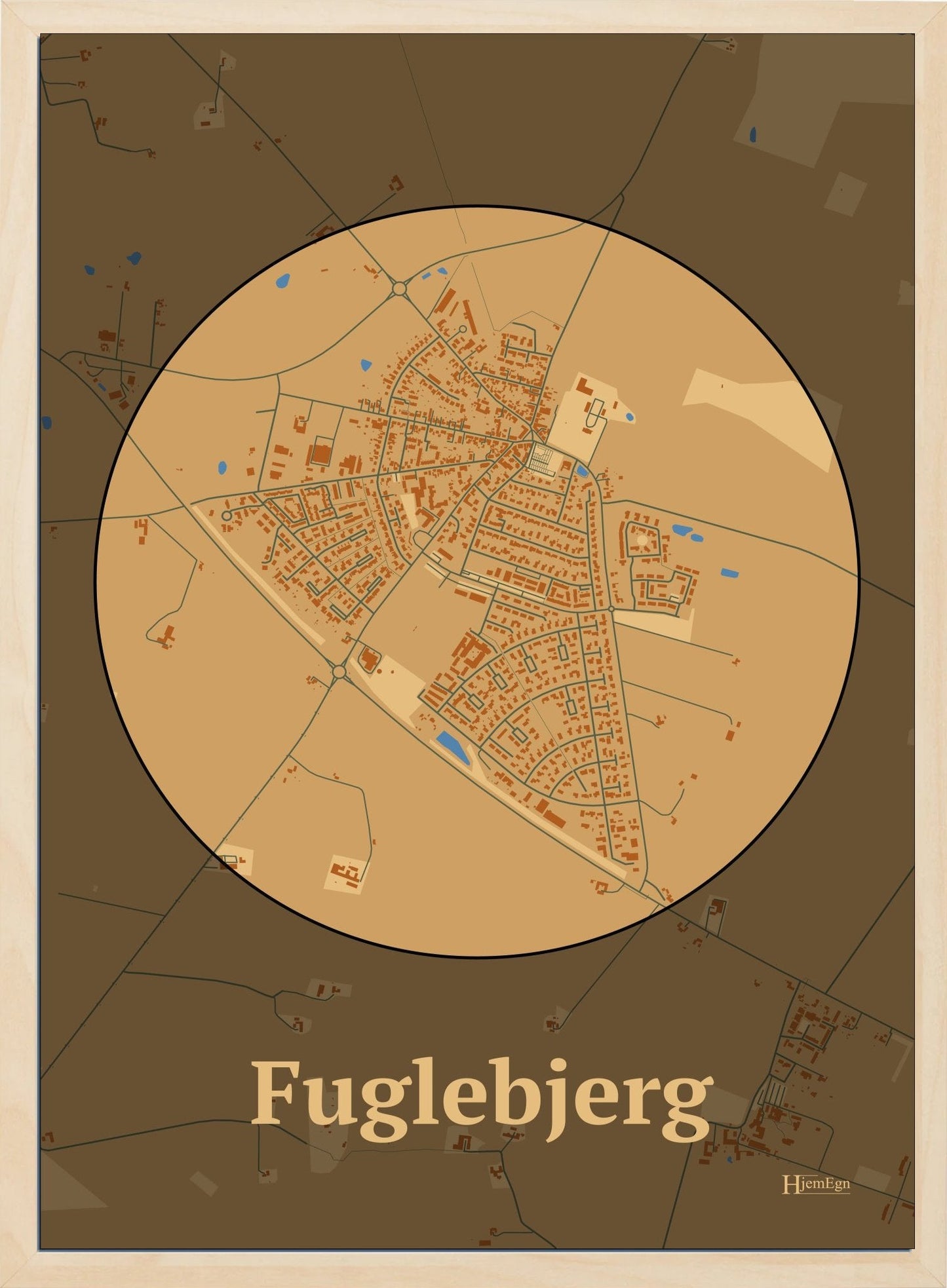 Fuglebjerg plakat i farve pastel brun og HjemEgn.dk design centrum. Design bykort for Fuglebjerg