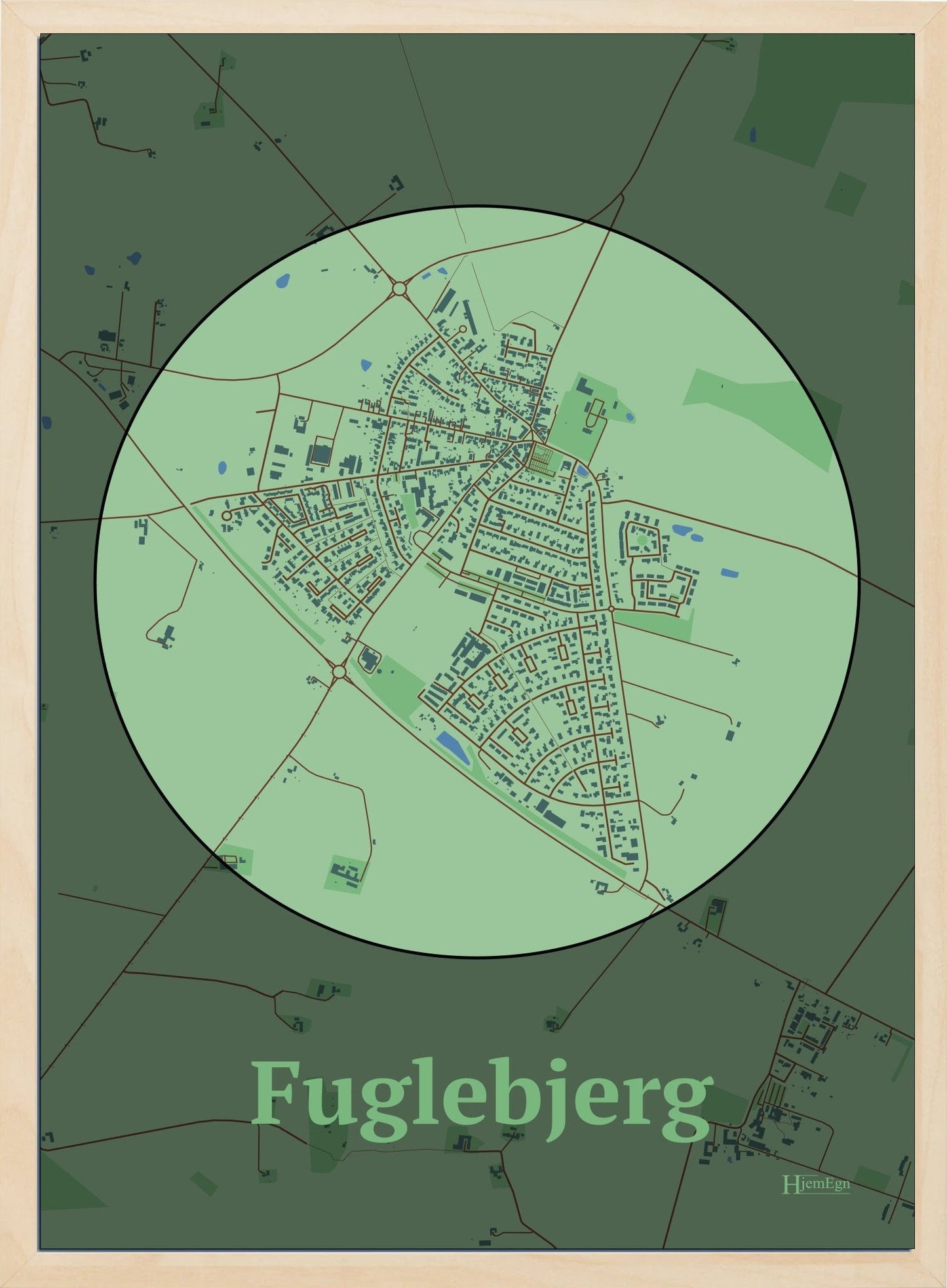 Fuglebjerg plakat i farve pastel grøn og HjemEgn.dk design centrum. Design bykort for Fuglebjerg