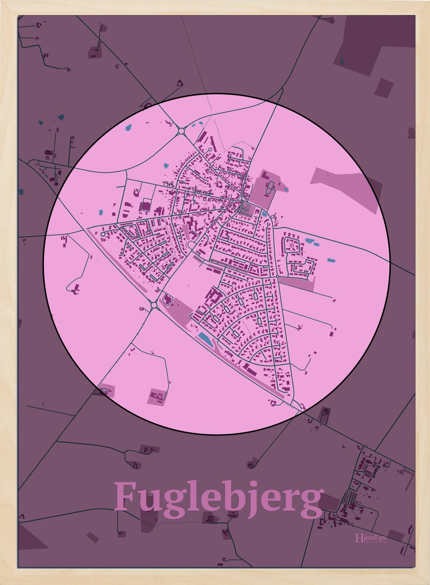 Fuglebjerg plakat i farve pastel rød og HjemEgn.dk design centrum. Design bykort for Fuglebjerg