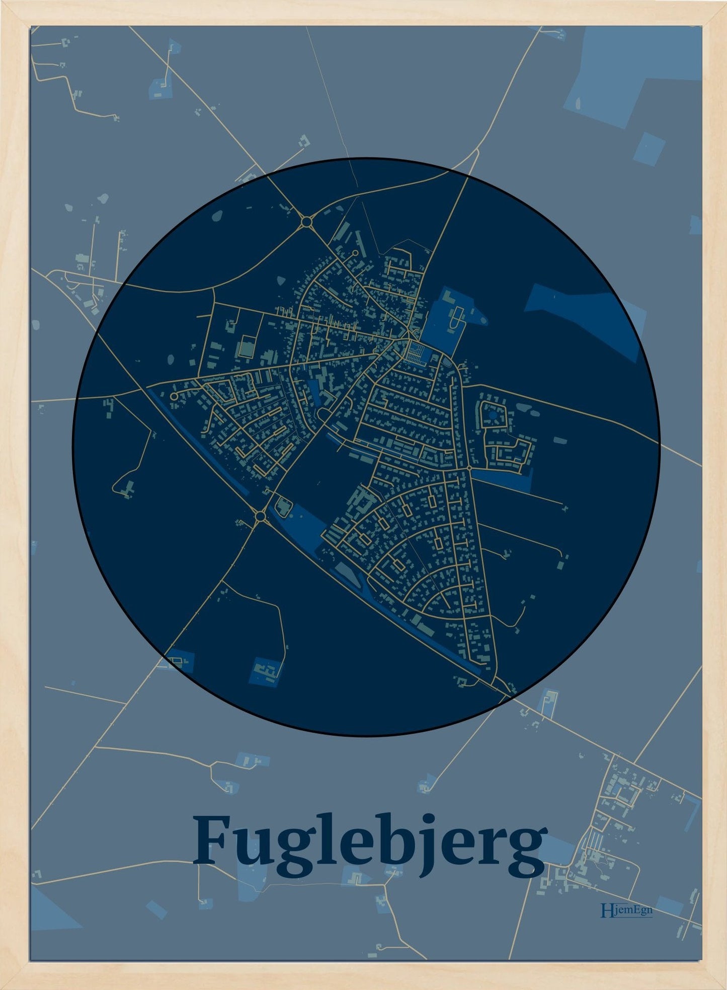 Fuglebjerg plakat i farve mørk blå og HjemEgn.dk design centrum. Design bykort for Fuglebjerg
