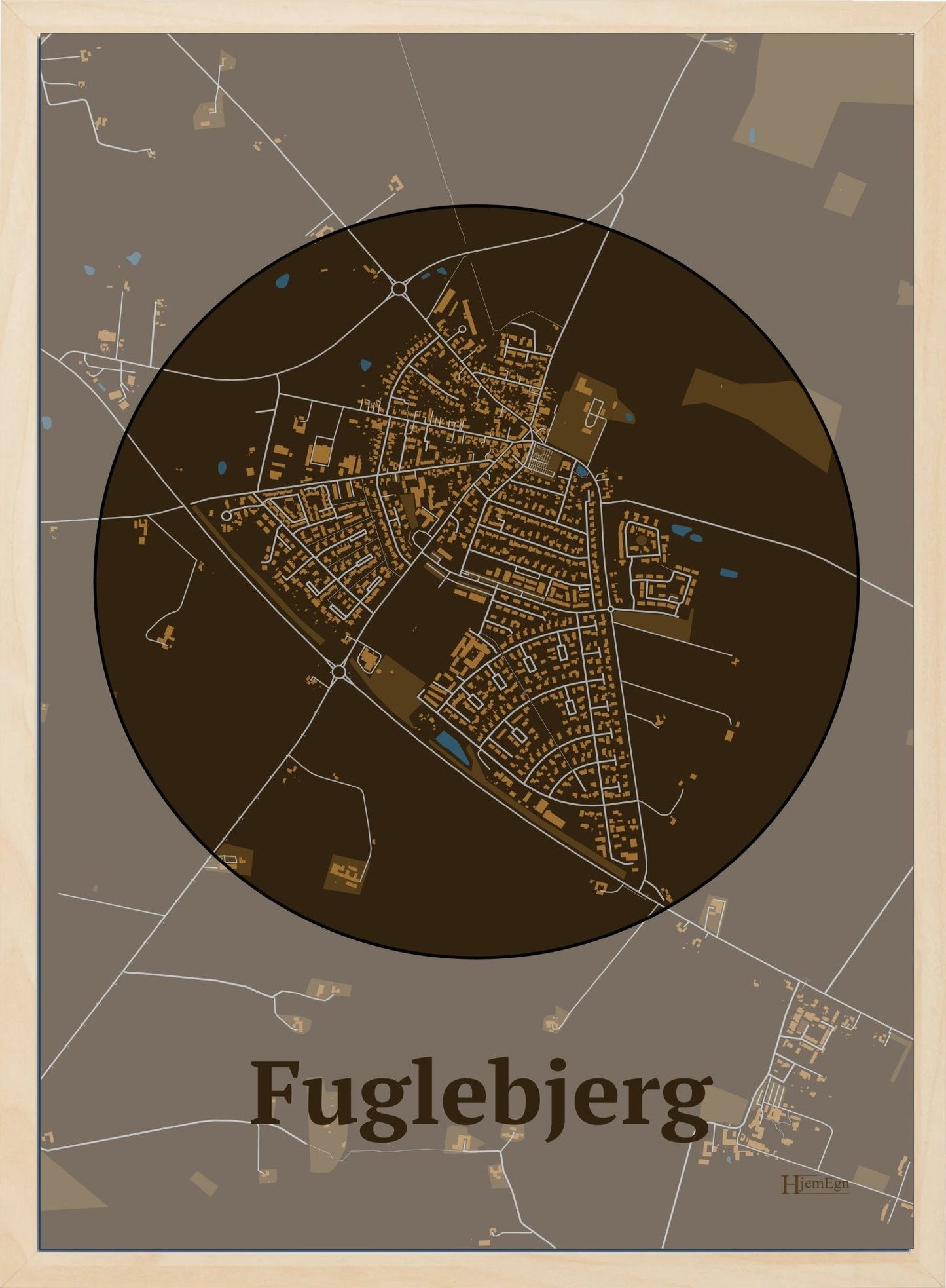 Fuglebjerg plakat i farve mørk brun og HjemEgn.dk design centrum. Design bykort for Fuglebjerg