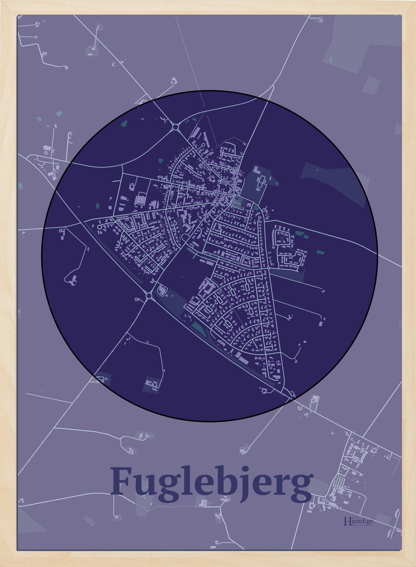Fuglebjerg plakat i farve mørk lilla og HjemEgn.dk design centrum. Design bykort for Fuglebjerg