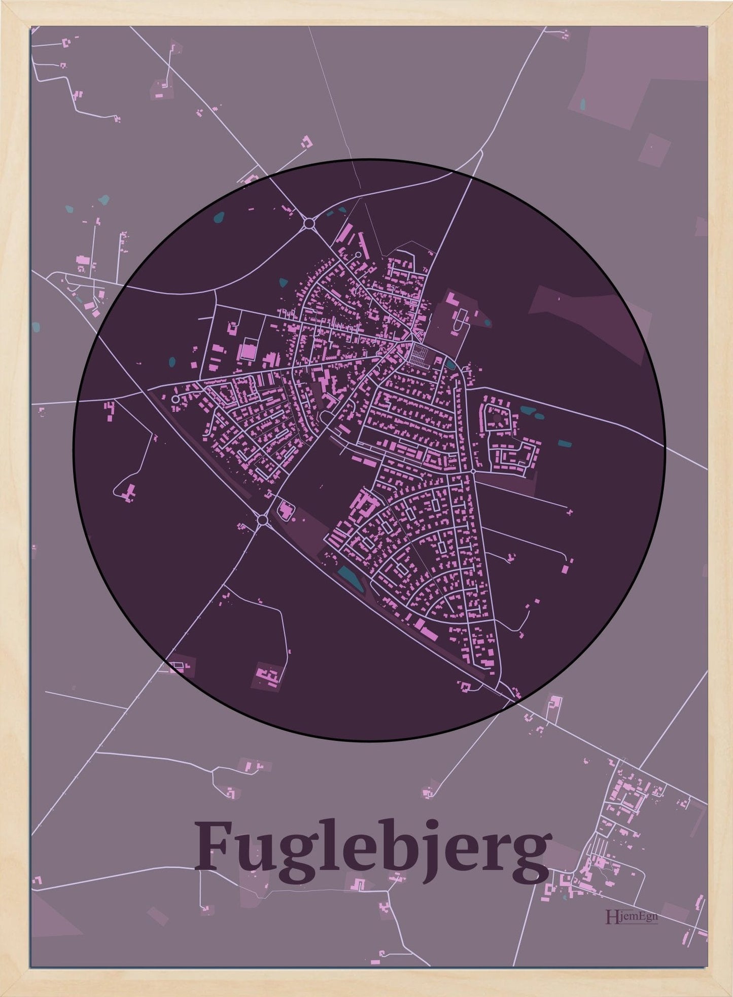 Fuglebjerg plakat i farve mørk rød og HjemEgn.dk design centrum. Design bykort for Fuglebjerg