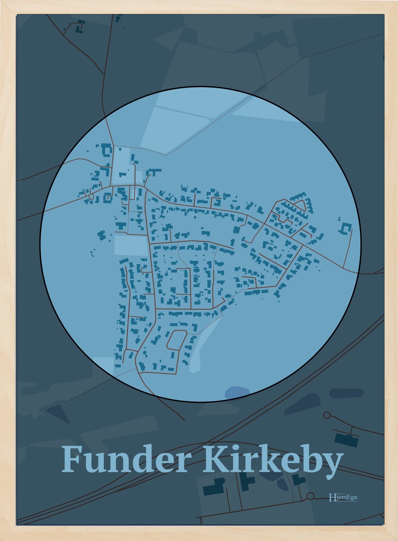 Funder Kirkeby plakat i farve pastel blå og HjemEgn.dk design centrum. Design bykort for Funder Kirkeby