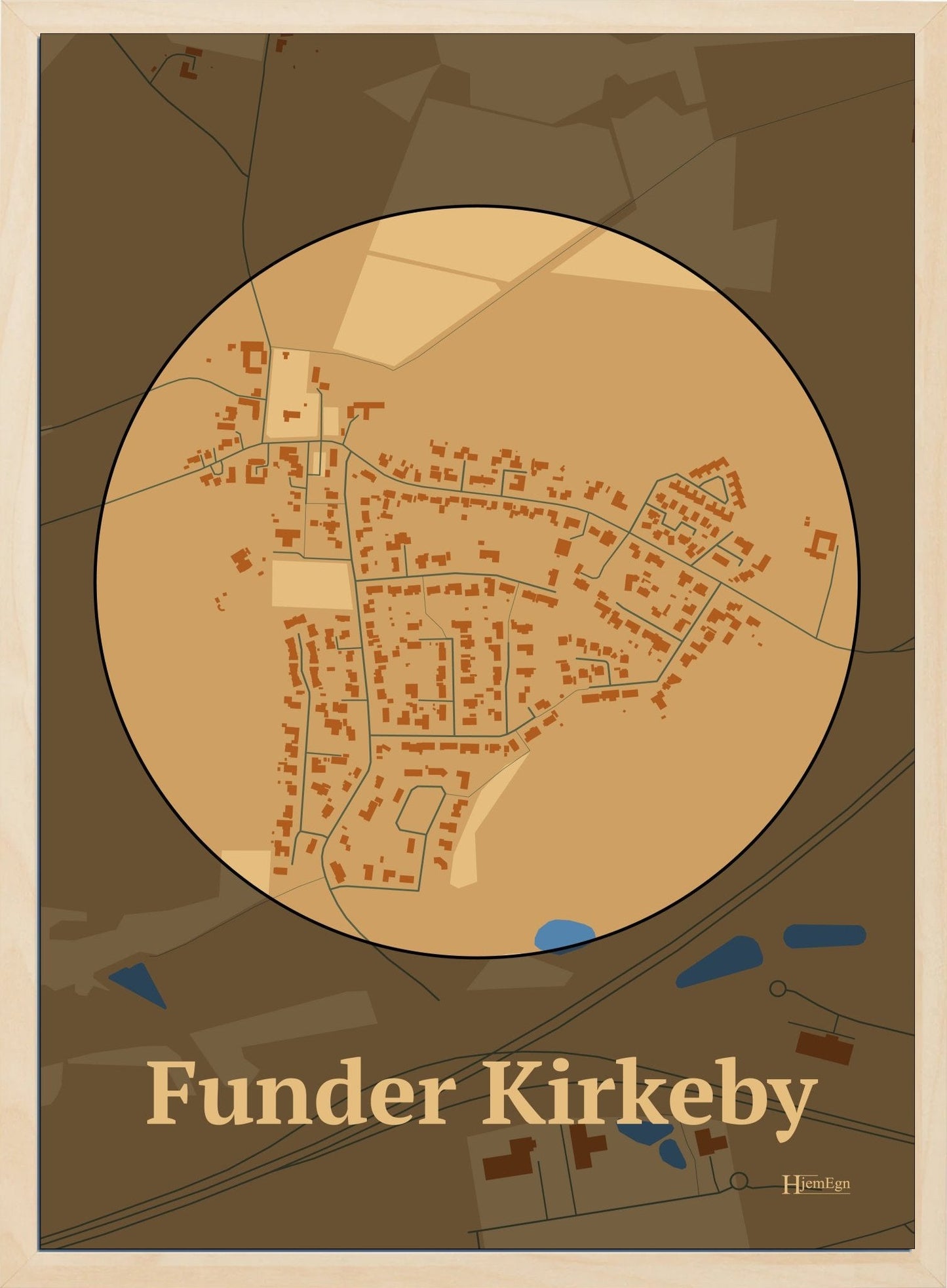 Funder Kirkeby plakat i farve pastel brun og HjemEgn.dk design centrum. Design bykort for Funder Kirkeby
