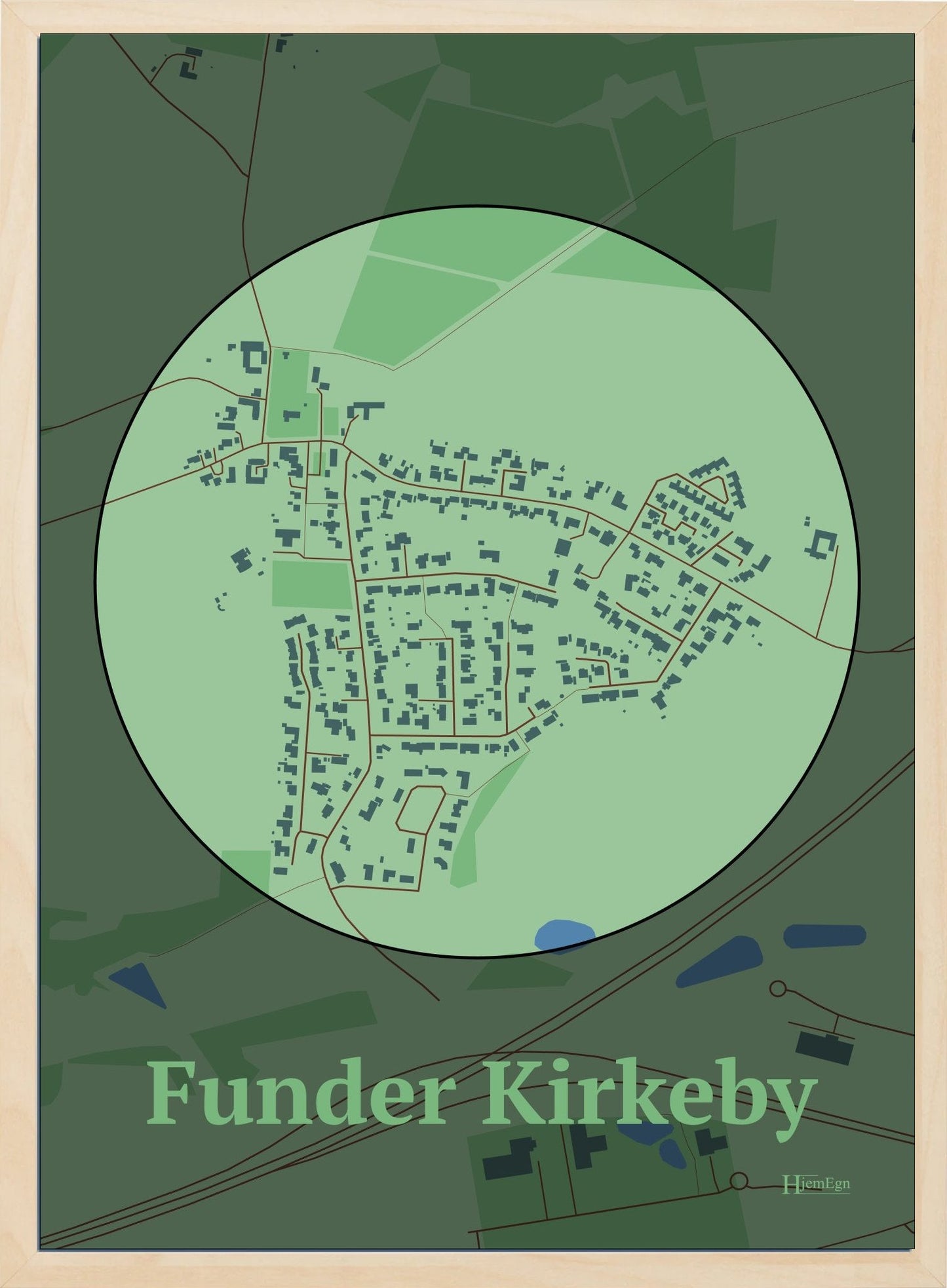 Funder Kirkeby plakat i farve pastel grøn og HjemEgn.dk design centrum. Design bykort for Funder Kirkeby