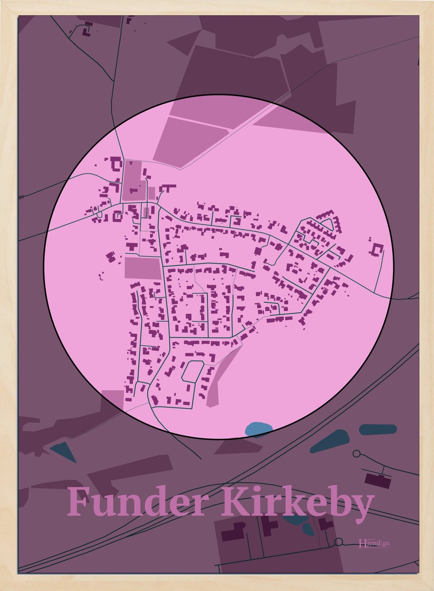 Funder Kirkeby plakat i farve pastel rød og HjemEgn.dk design centrum. Design bykort for Funder Kirkeby