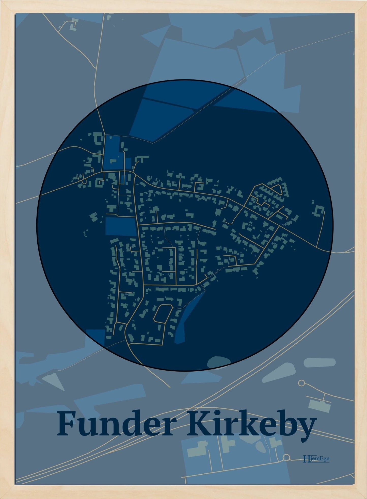 Funder Kirkeby plakat i farve mørk blå og HjemEgn.dk design centrum. Design bykort for Funder Kirkeby